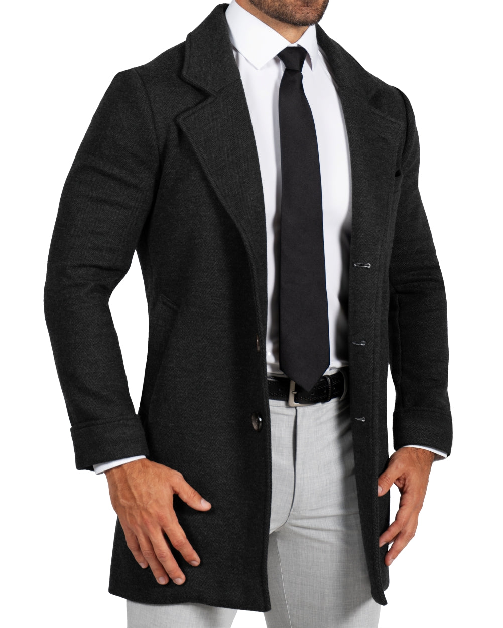 3 Button Overcoat - Charcoal Herringbone