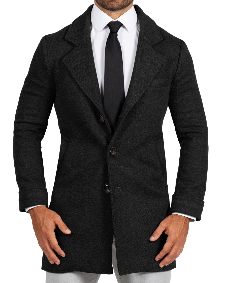 3 Button Overcoat - Charcoal Herringbone