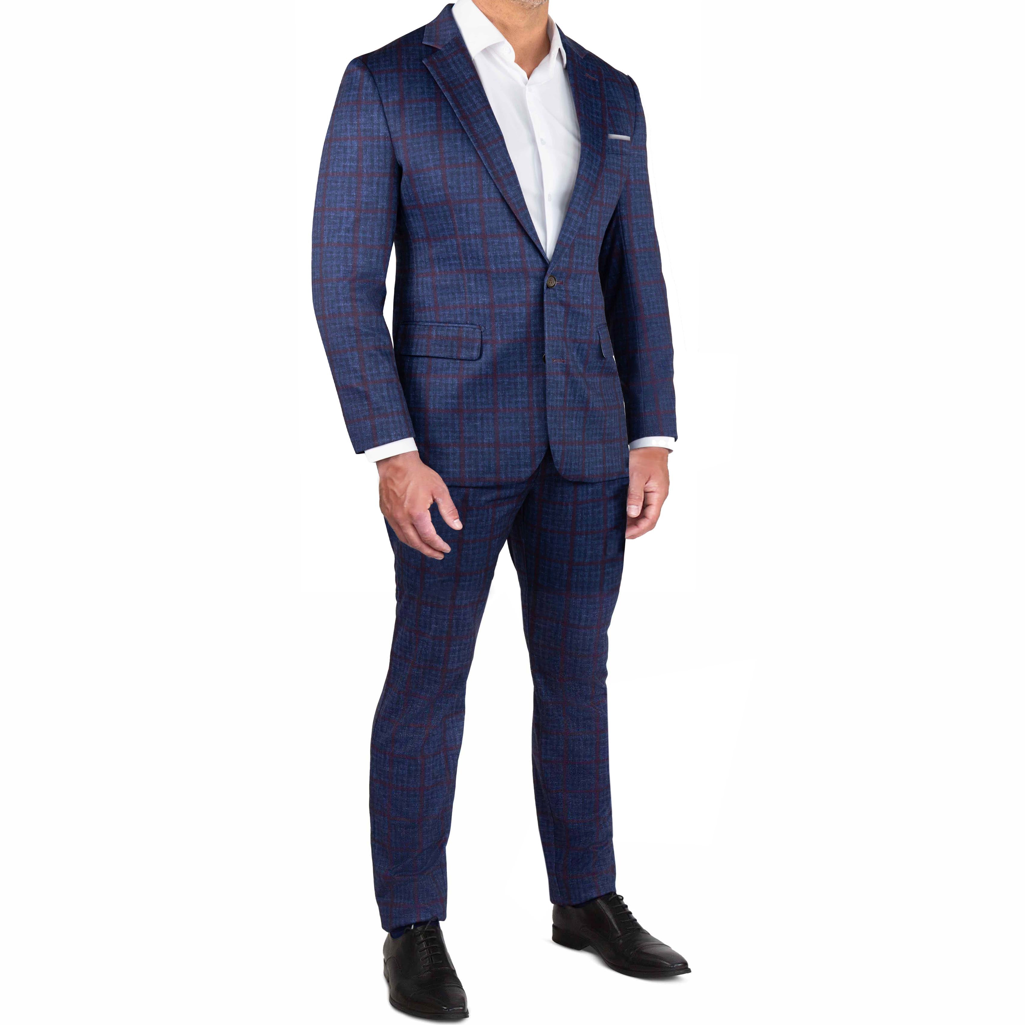 Athletic Fit Stretch Suit Pants - Navy & Maroon Windowpane