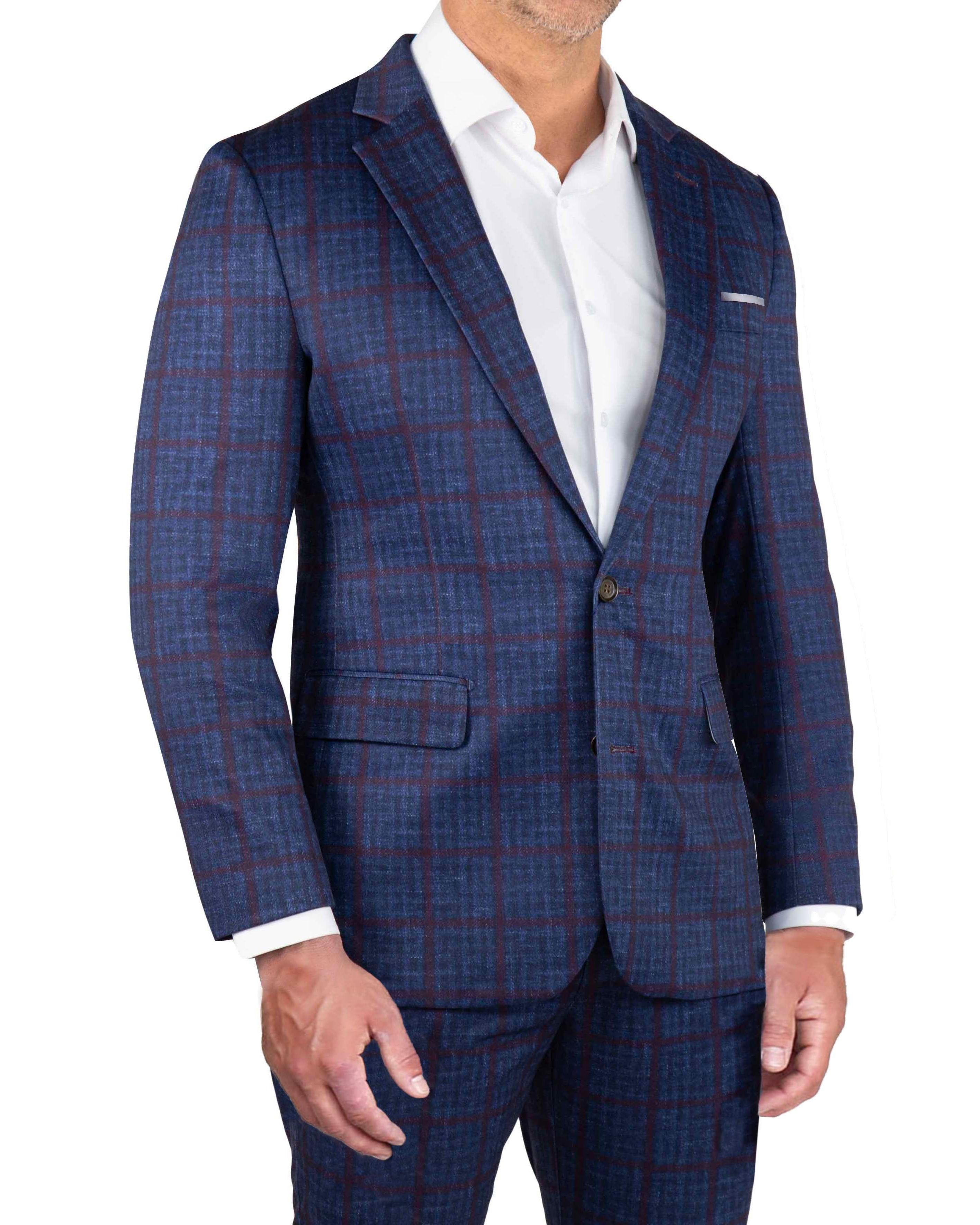 Blue checkered suit jacket with white shirt on a white background