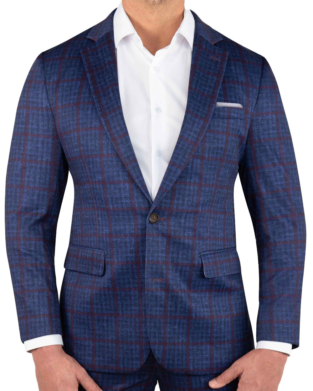 Blue checkered suit jacket with white shirt on a white background