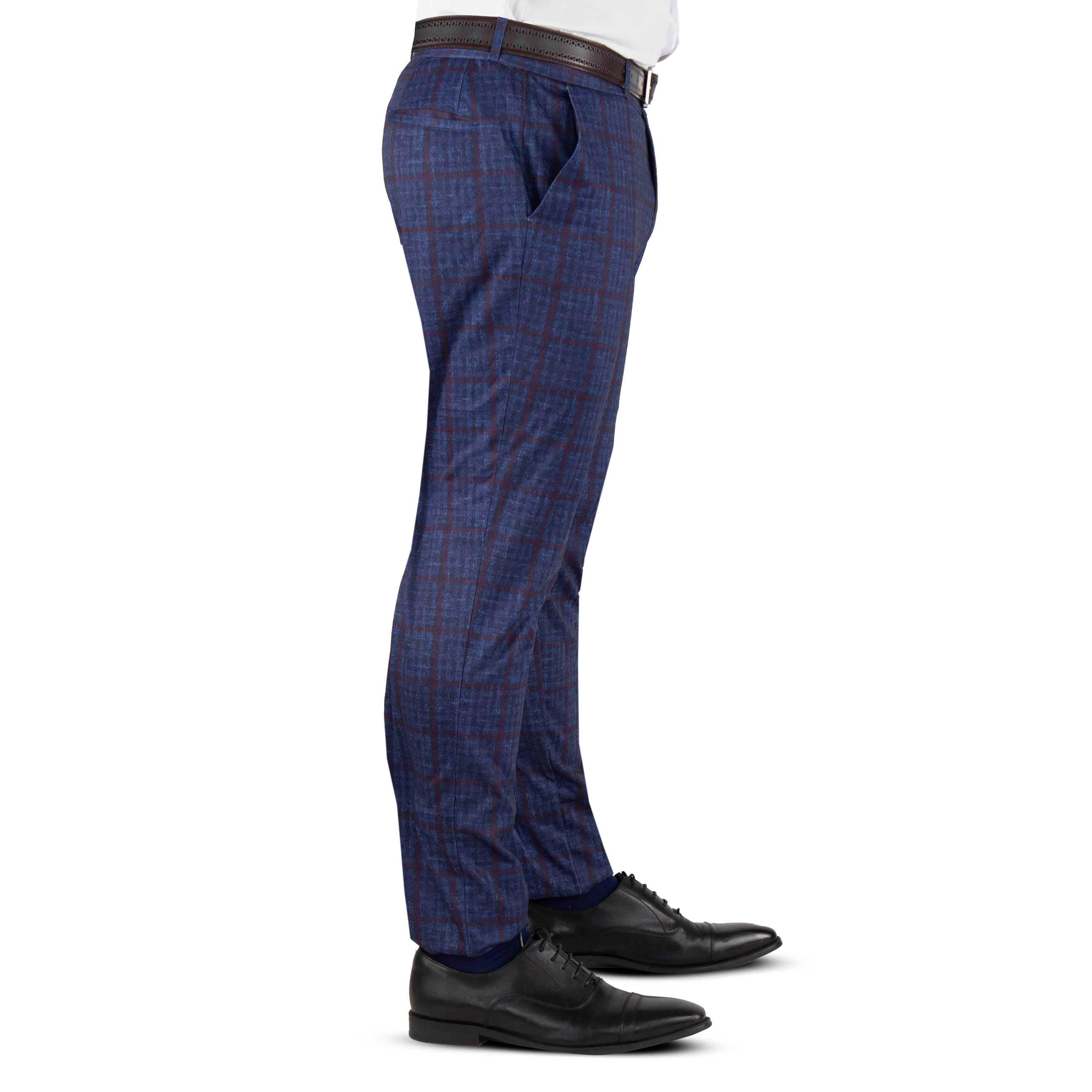 Athletic Fit Stretch Suit Pants - Navy & Maroon Windowpane