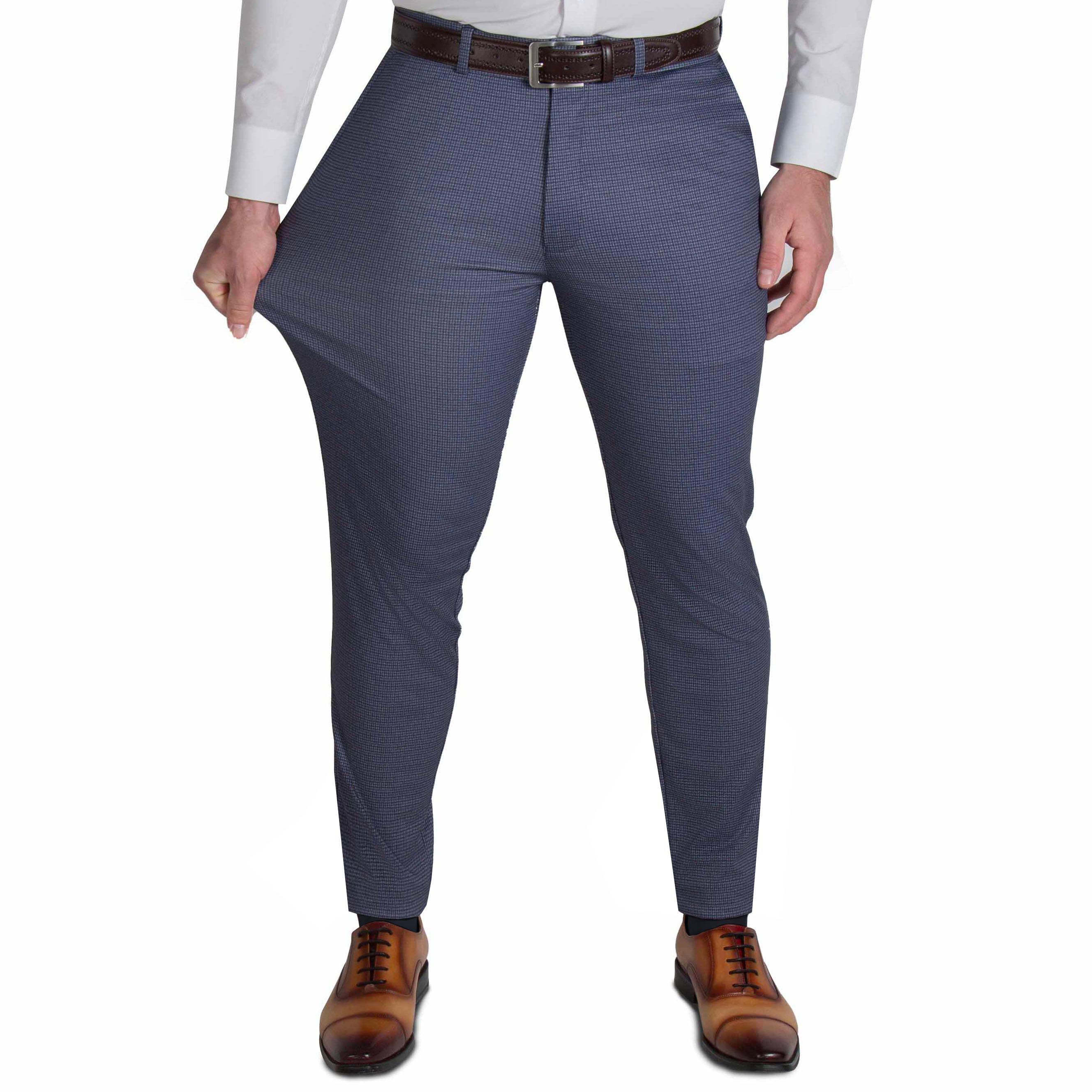 Athletic Fit Stretch Suit Pants - Blue Mini Windowpane with Light Grey Microcheck