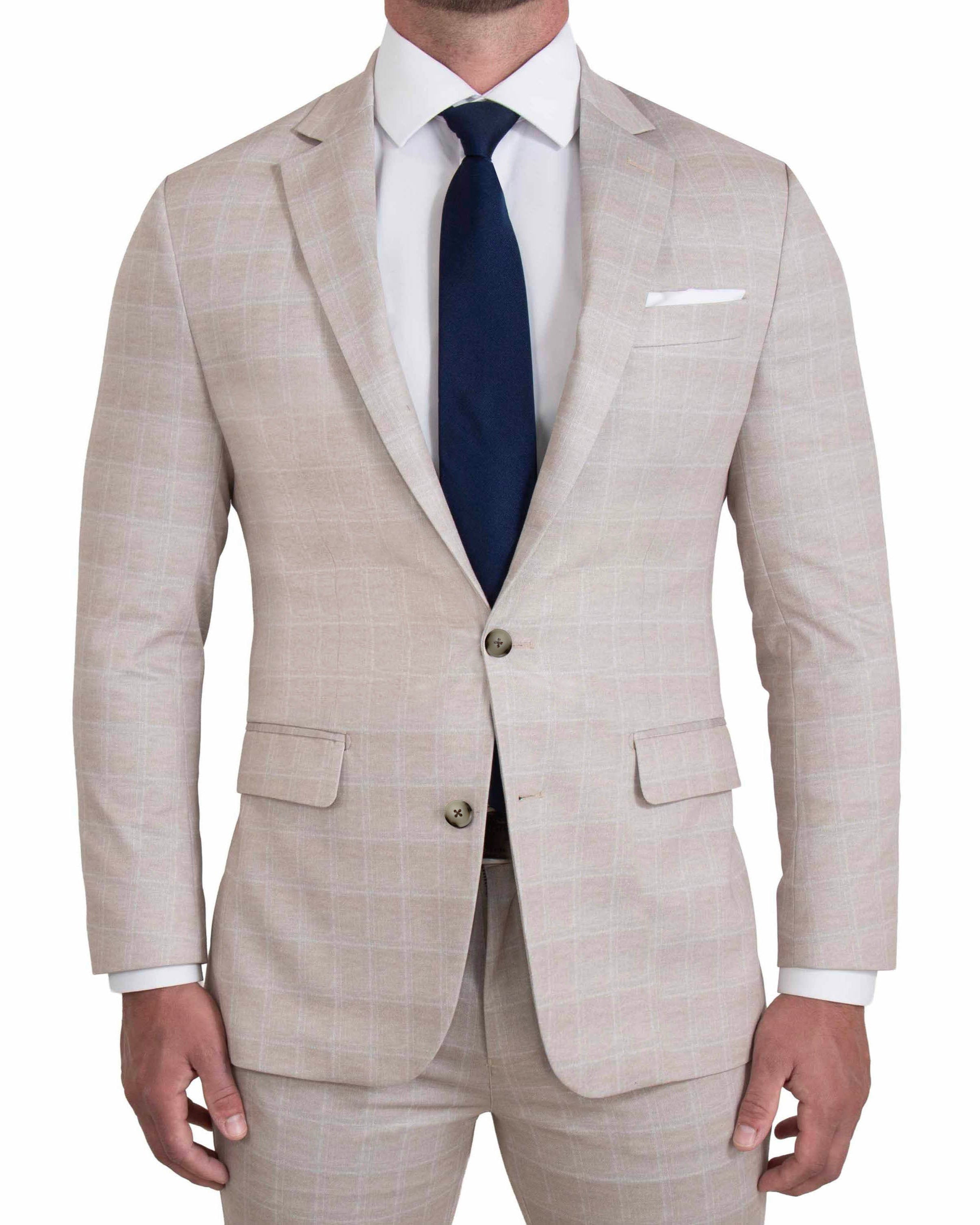 Athletic Fit Stretch Suit - Tan and White Windowpane Suit