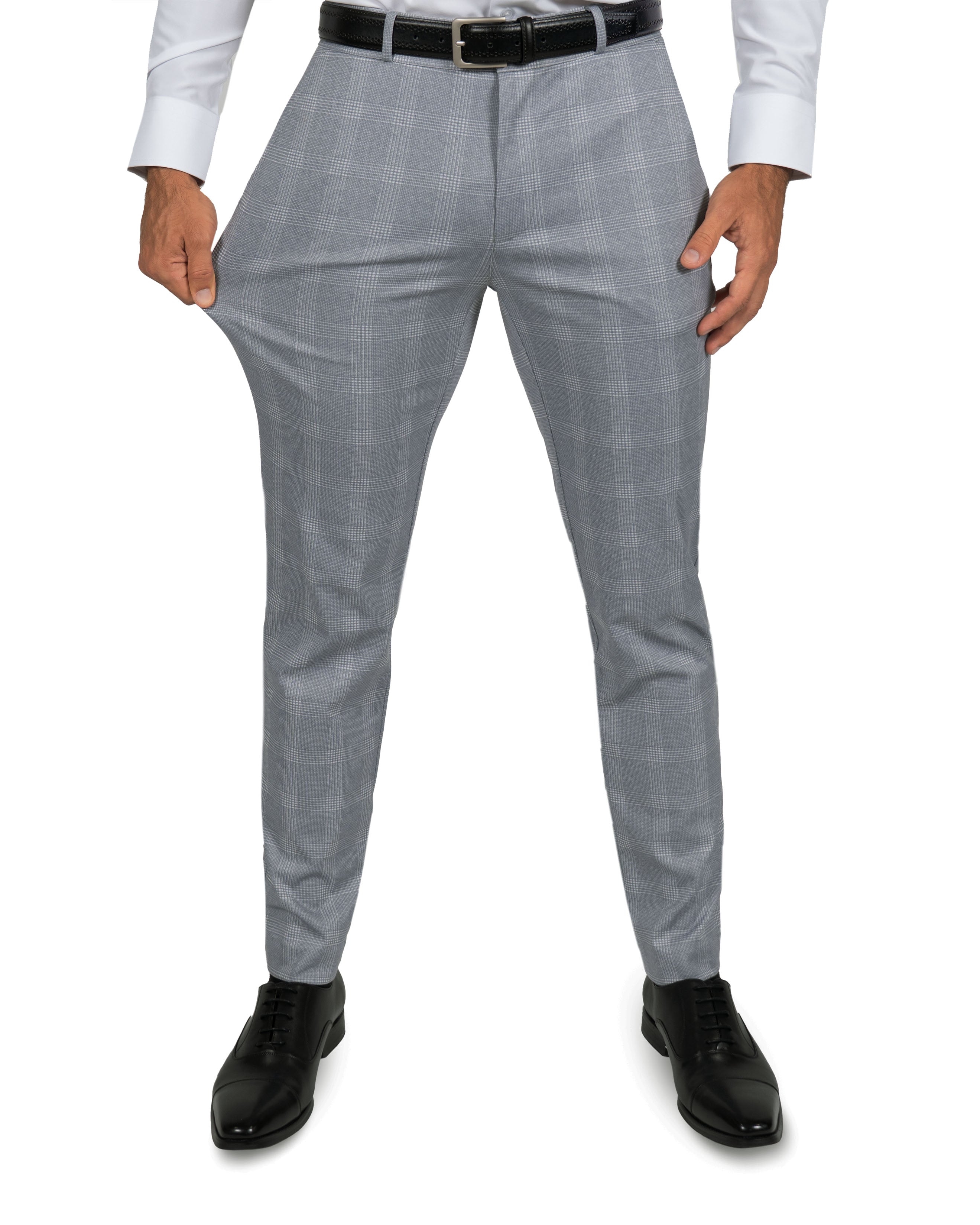 Athletic Fit Stretch Suit Pants - Ash Grey with White Plaid