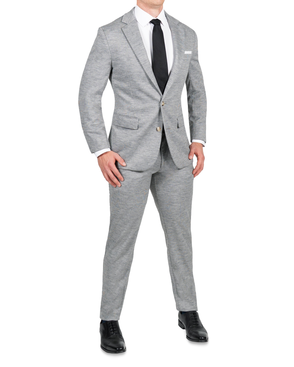 Athletic Fit Stretch Wool Suit Pants - Light Grey with White Mini Stripe