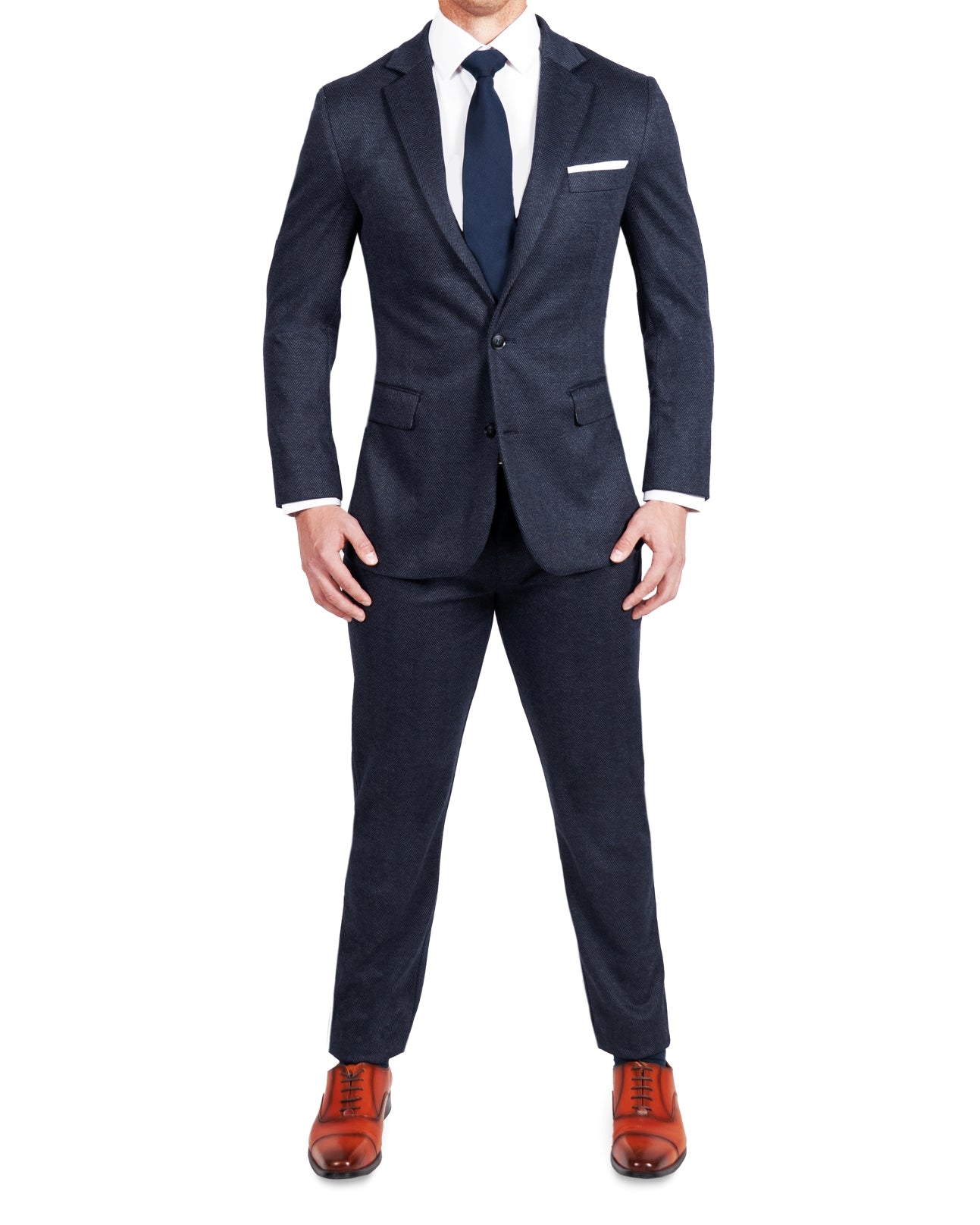 Athletic Fit Stretch Wool Suit - Navy Herringbone