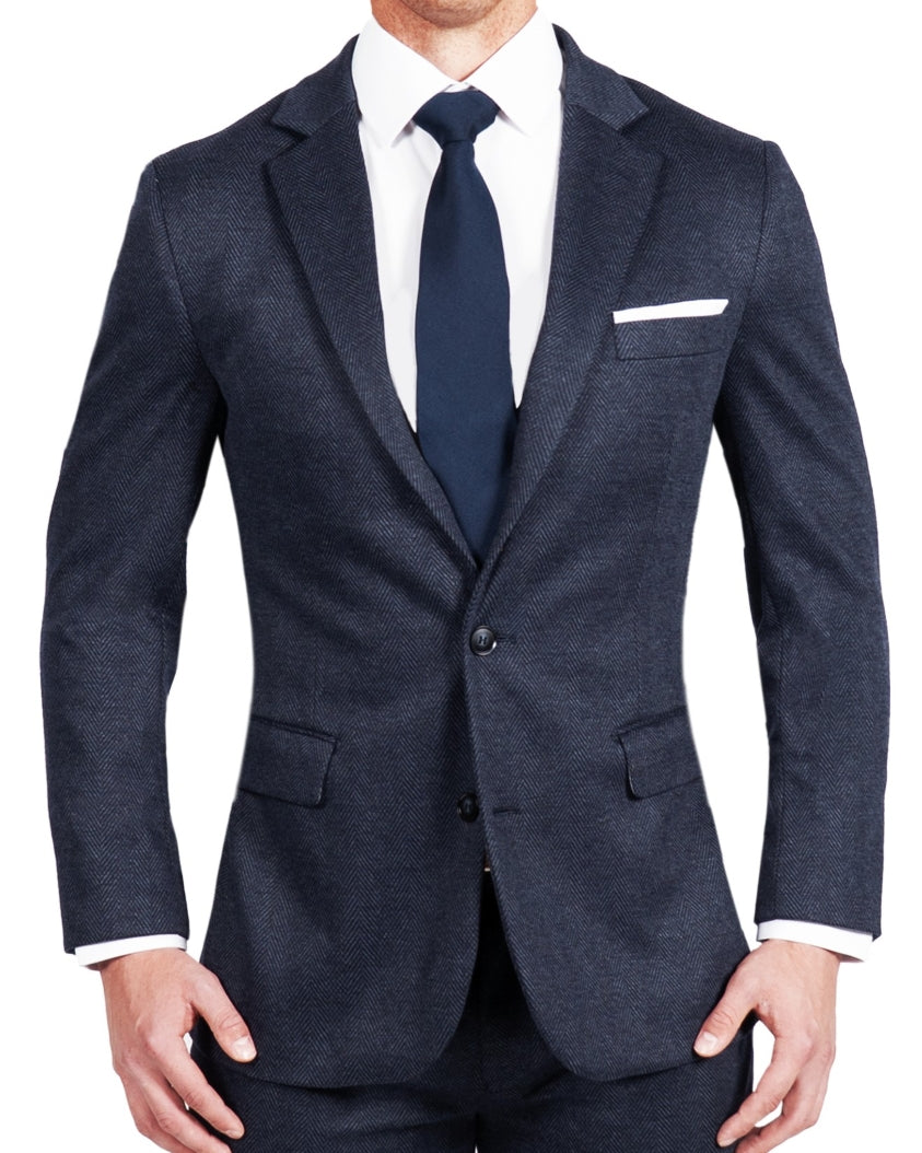 Athletic Fit Stretch Wool Suit - Navy Herringbone