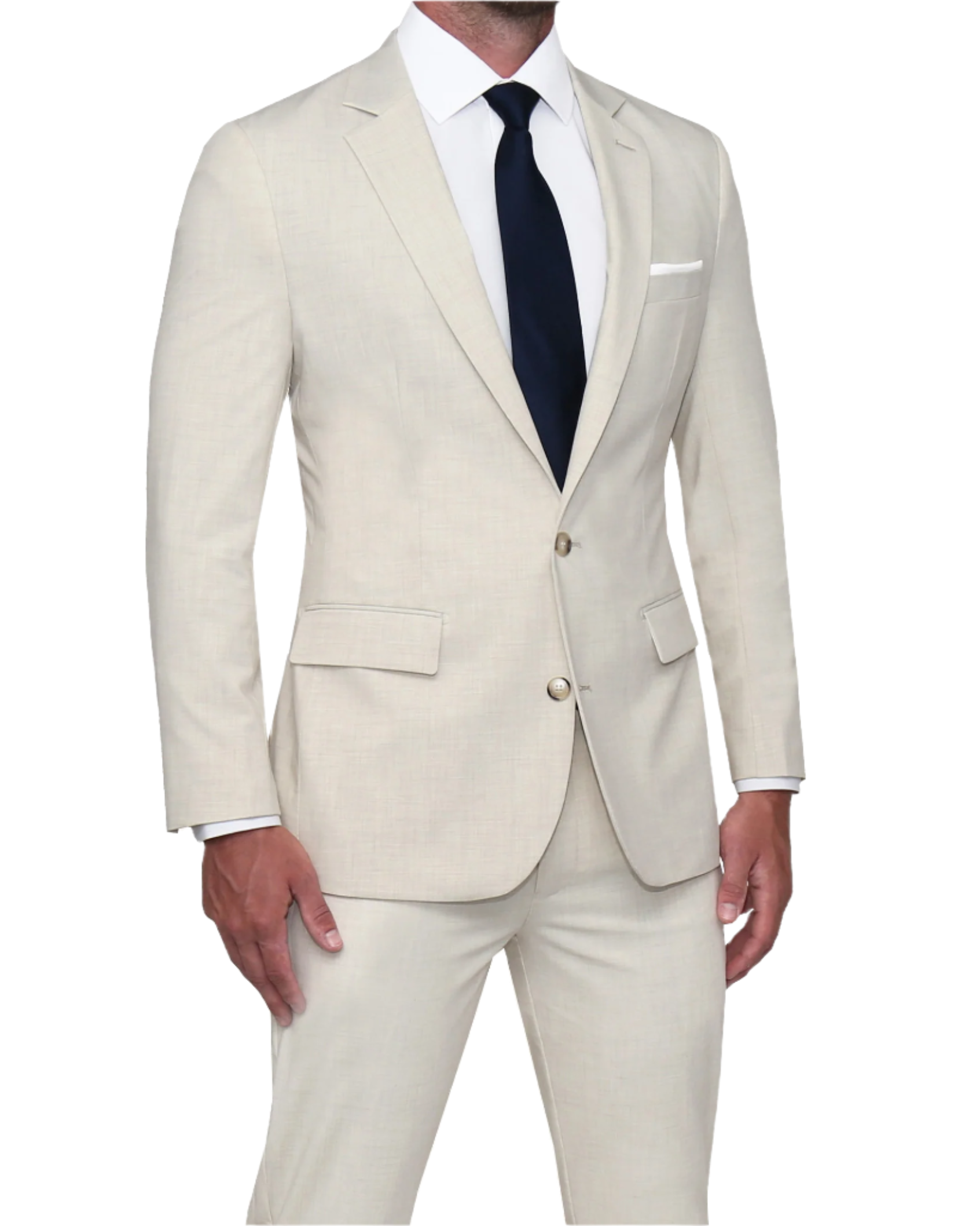 A man wearing a beige two-button blazer with notch lapels and a pair of athletic tapered fit pants, both made from a lightweight heathered bamboo stretch fabric.
