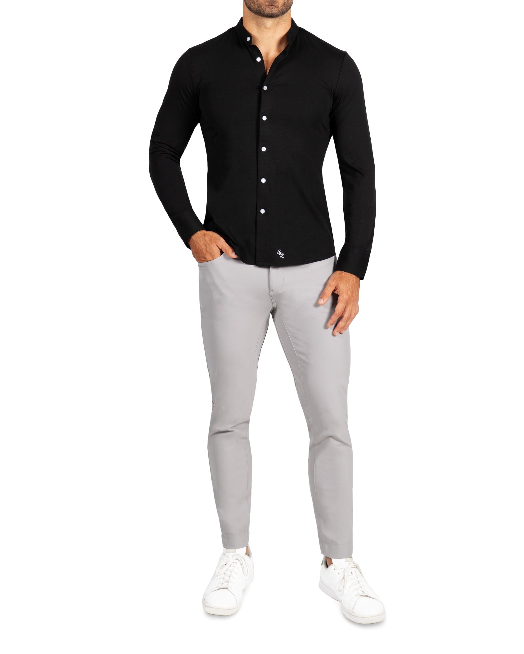 Banded Collar Button Down - Black