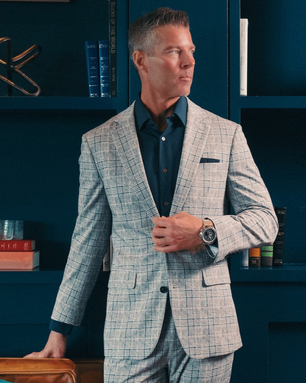 Athletic Fit Stretch Suit - Grey & Royal Blue Plaid