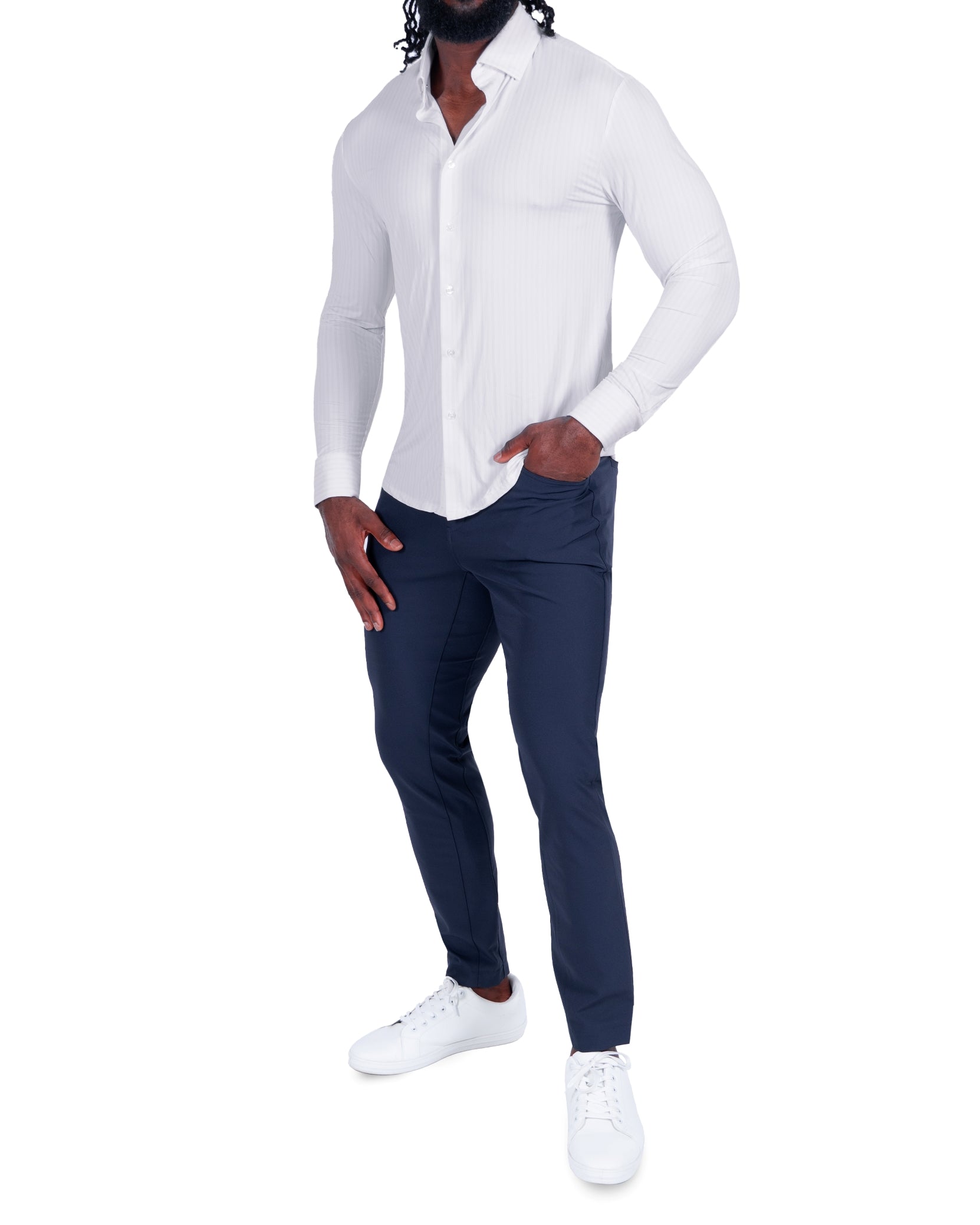 "The Diesel" Sport Shirt - White with Light Lilac Double Stripe