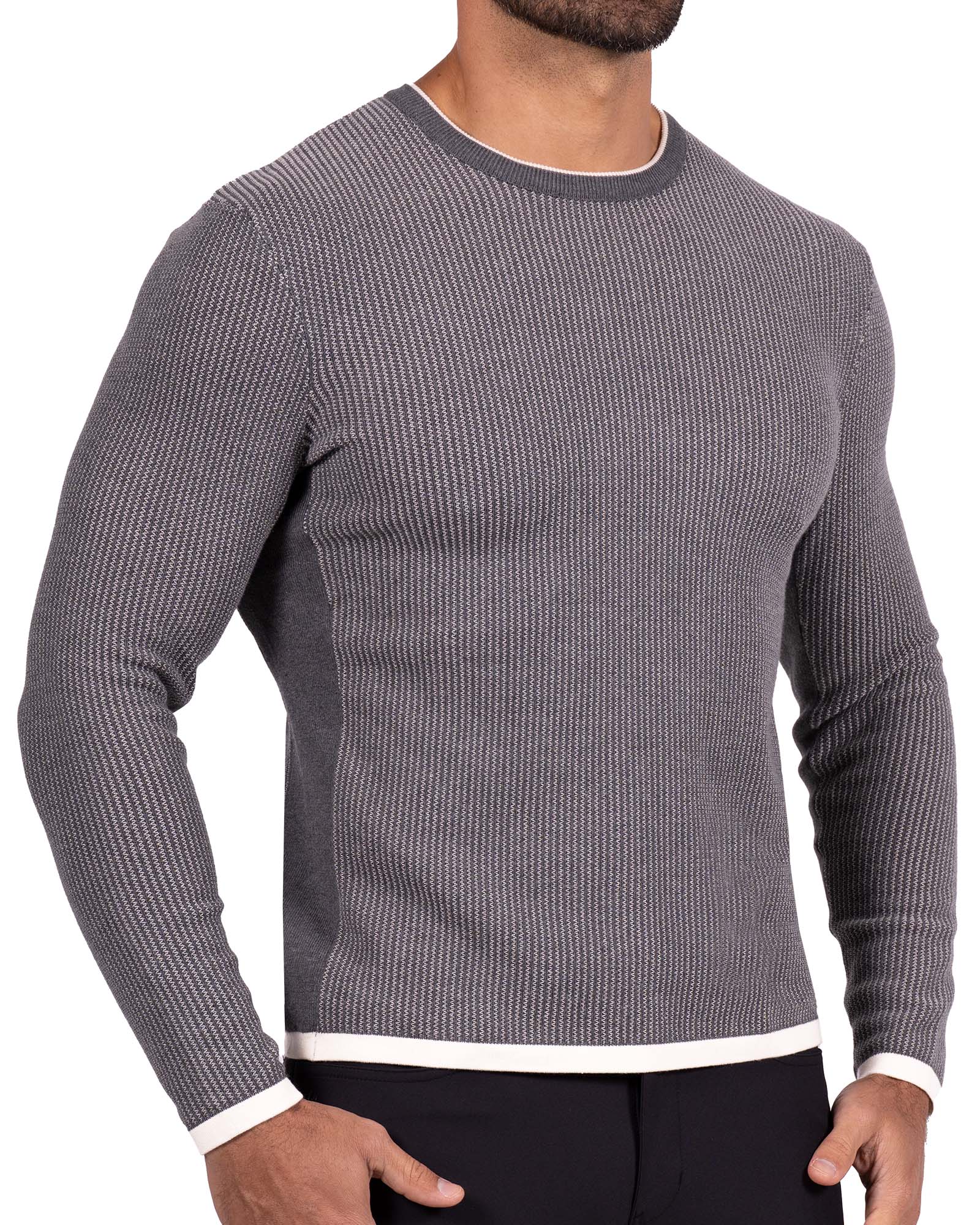Lightweight Ribbed Knit Crewneck Sweater - Dark Grey & Beige
