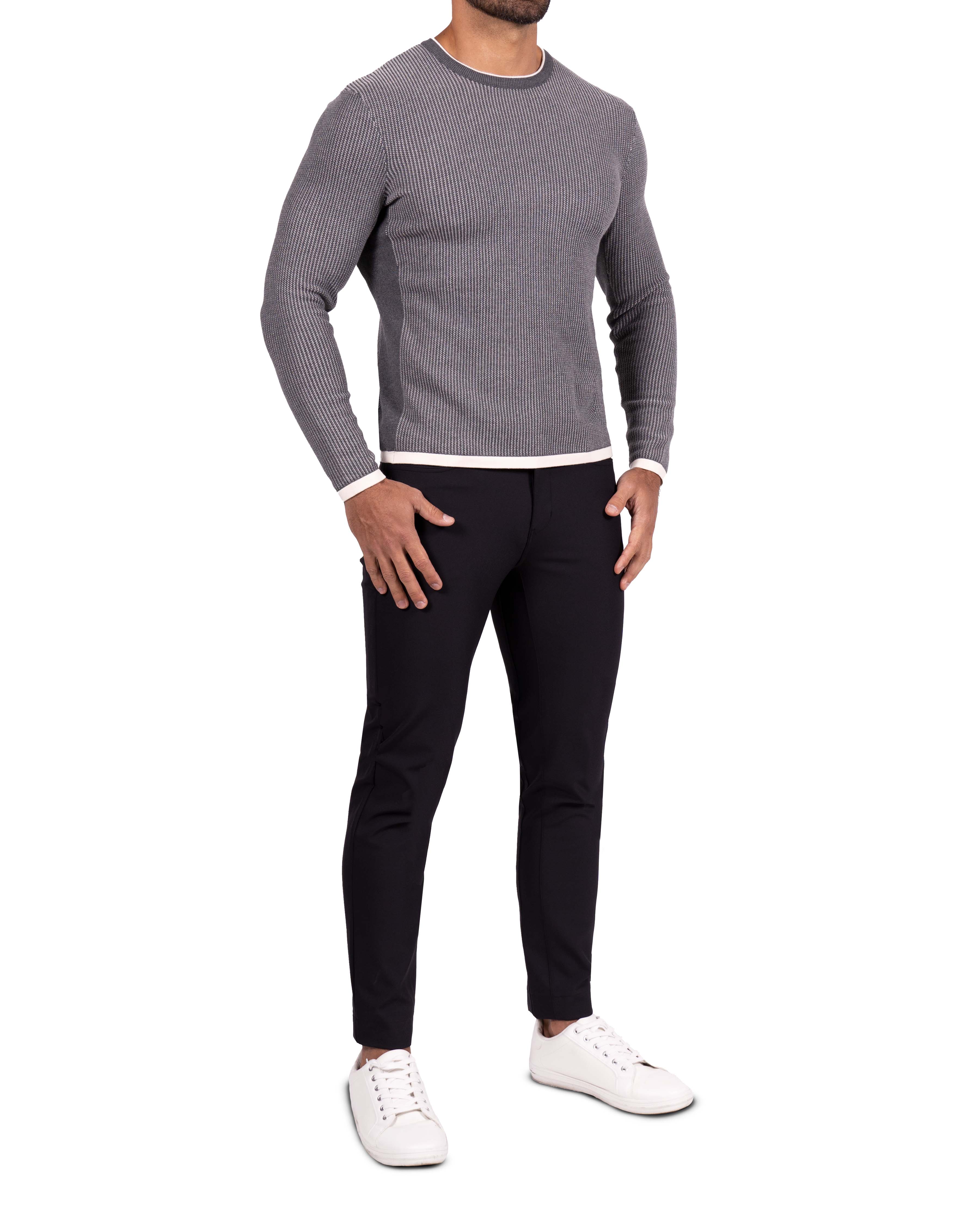 Lightweight Ribbed Knit Crewneck Sweater - Dark Grey & Beige
