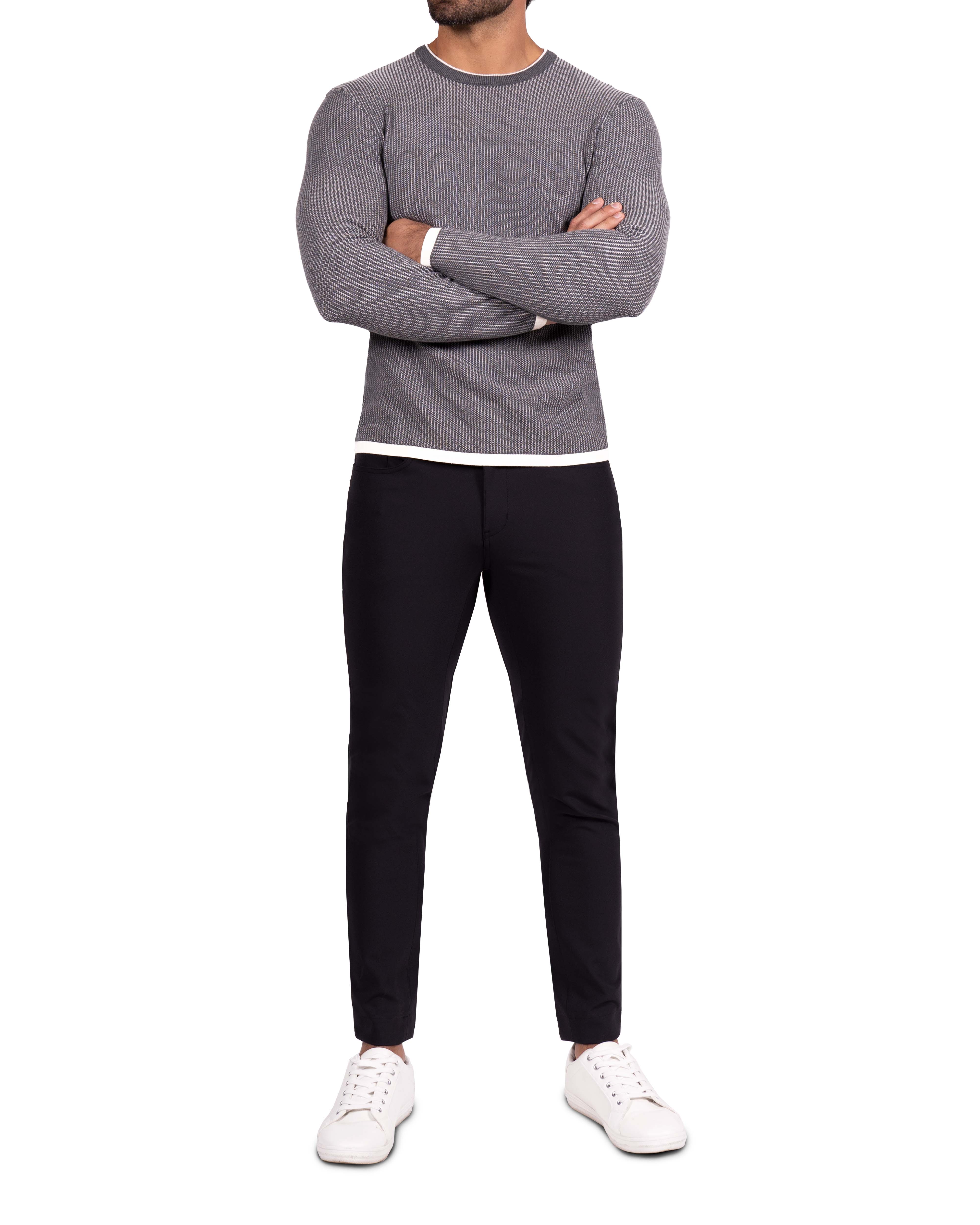 Lightweight Ribbed Knit Crewneck Sweater - Dark Grey & Beige