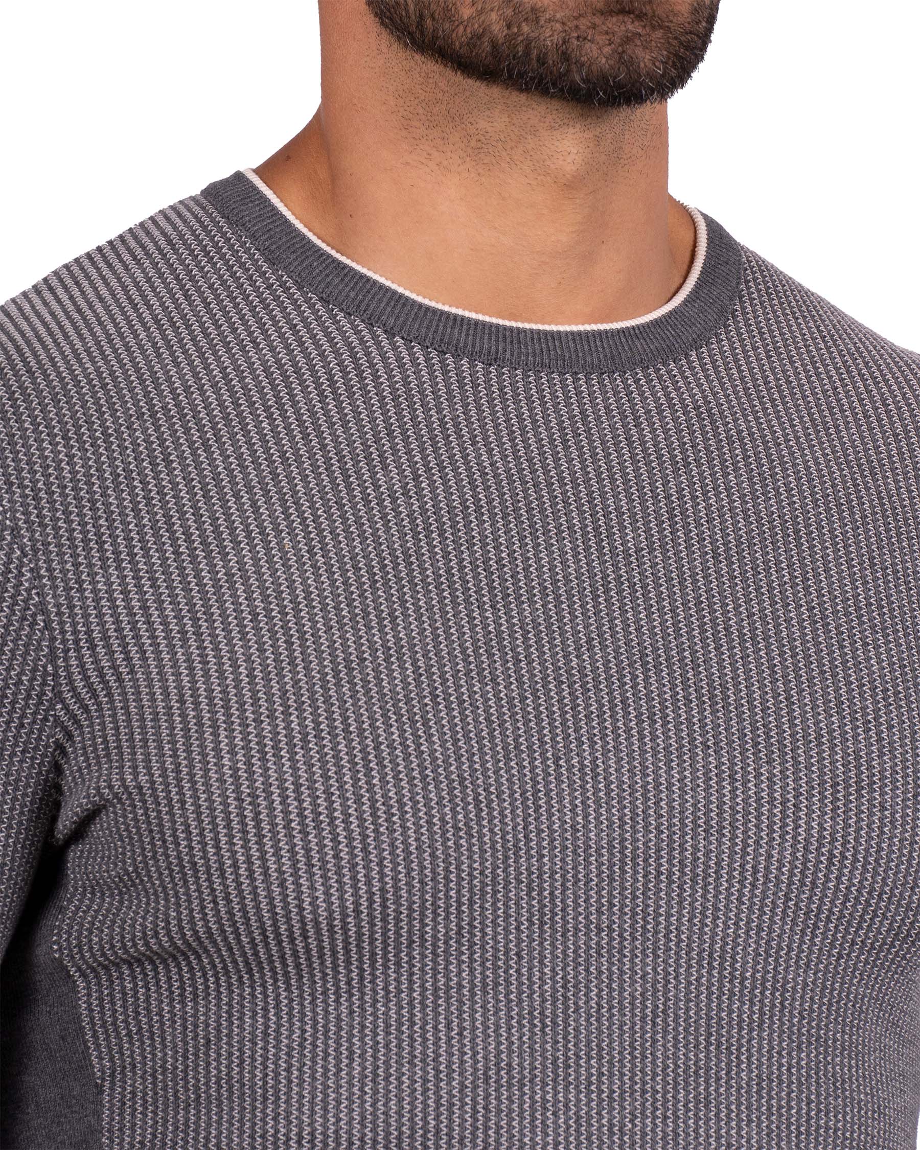 Lightweight Ribbed Knit Crewneck Sweater - Dark Grey & Beige