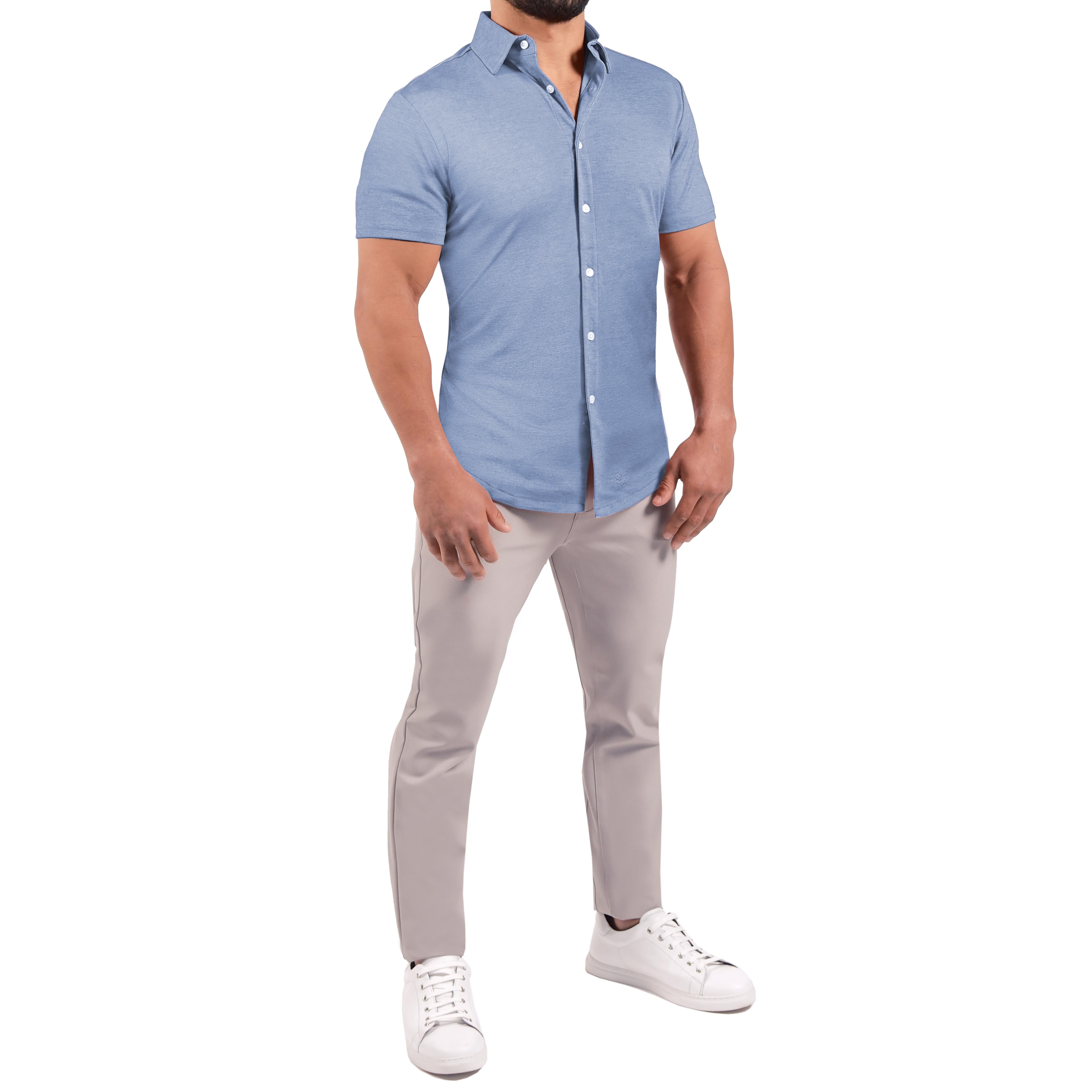 "The Capri" Sky Blue Pique Short Sleeve Button Down