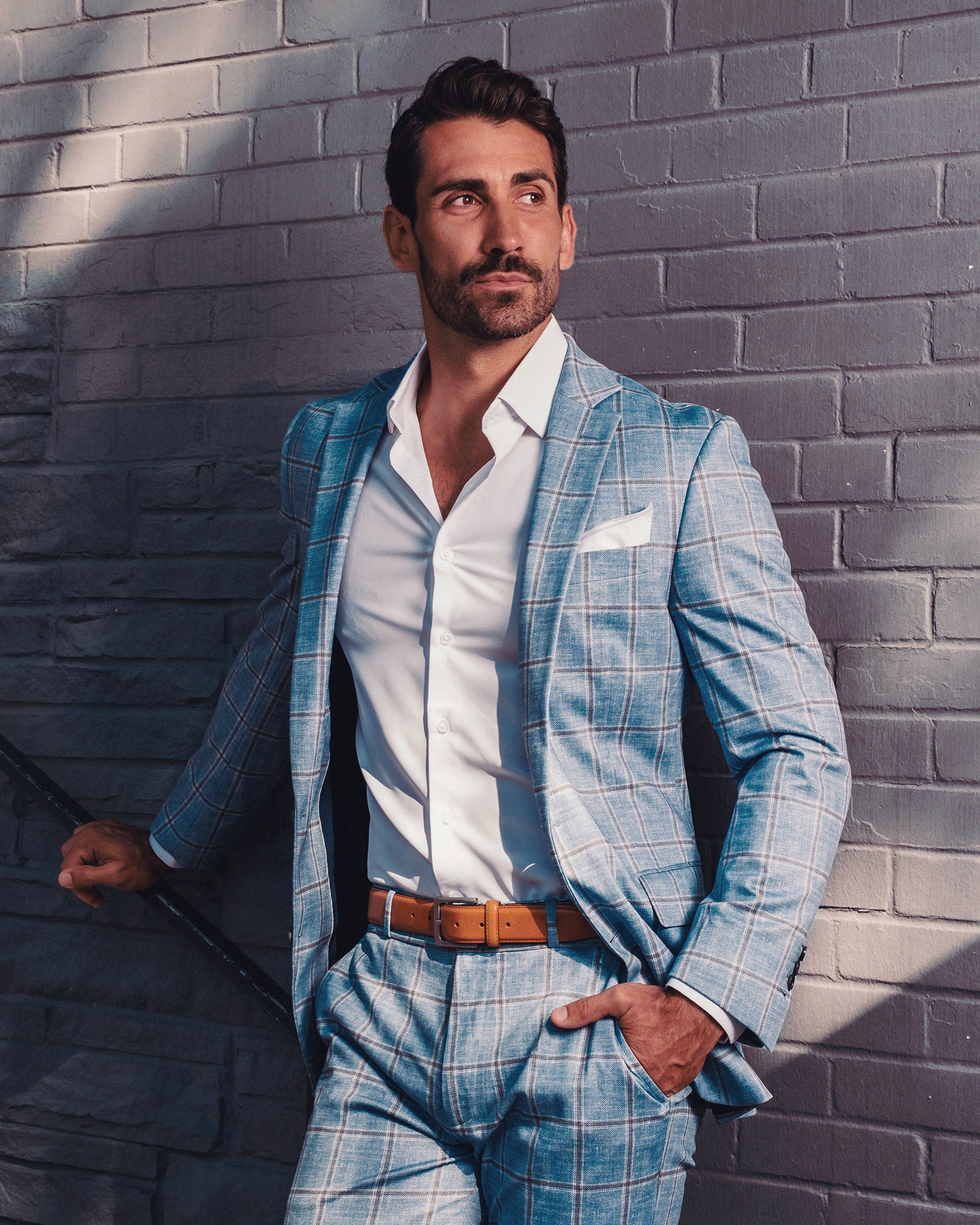 Athletic Fit Stretch Blazer - Light Blue and Brown Big Windowpane