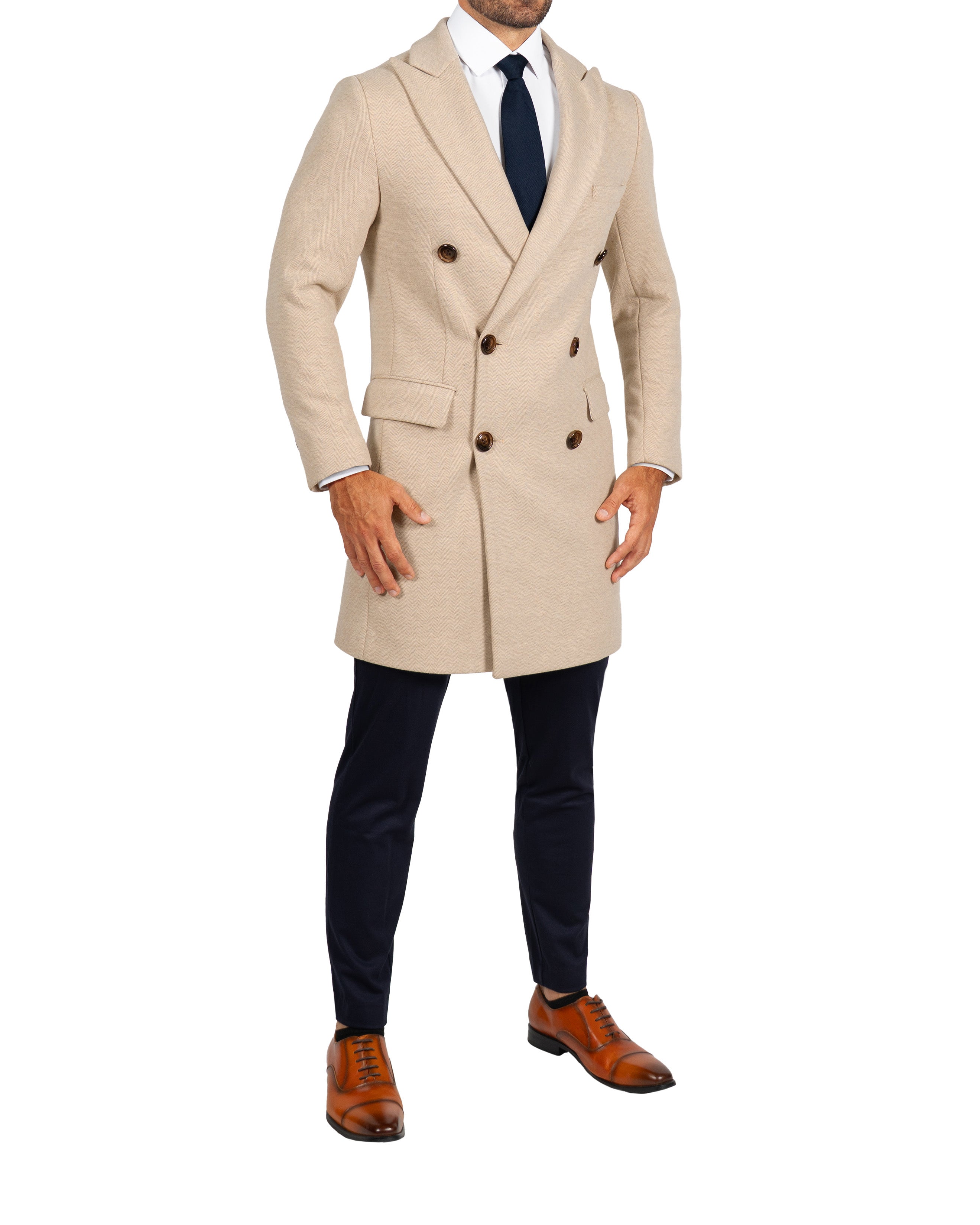 Double Breasted Overcoat - Tan Herringbone