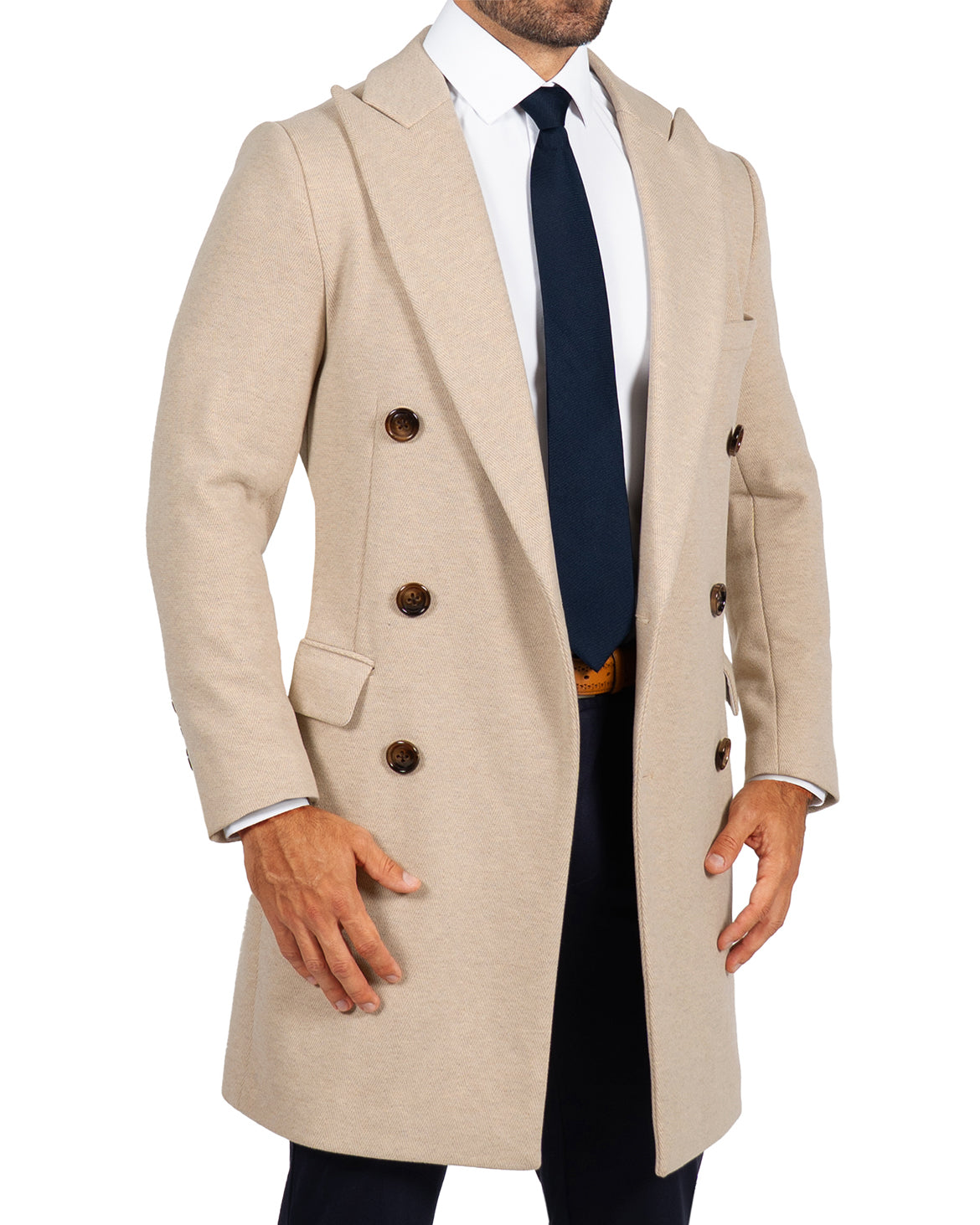 Double Breasted Overcoat - Tan Herringbone