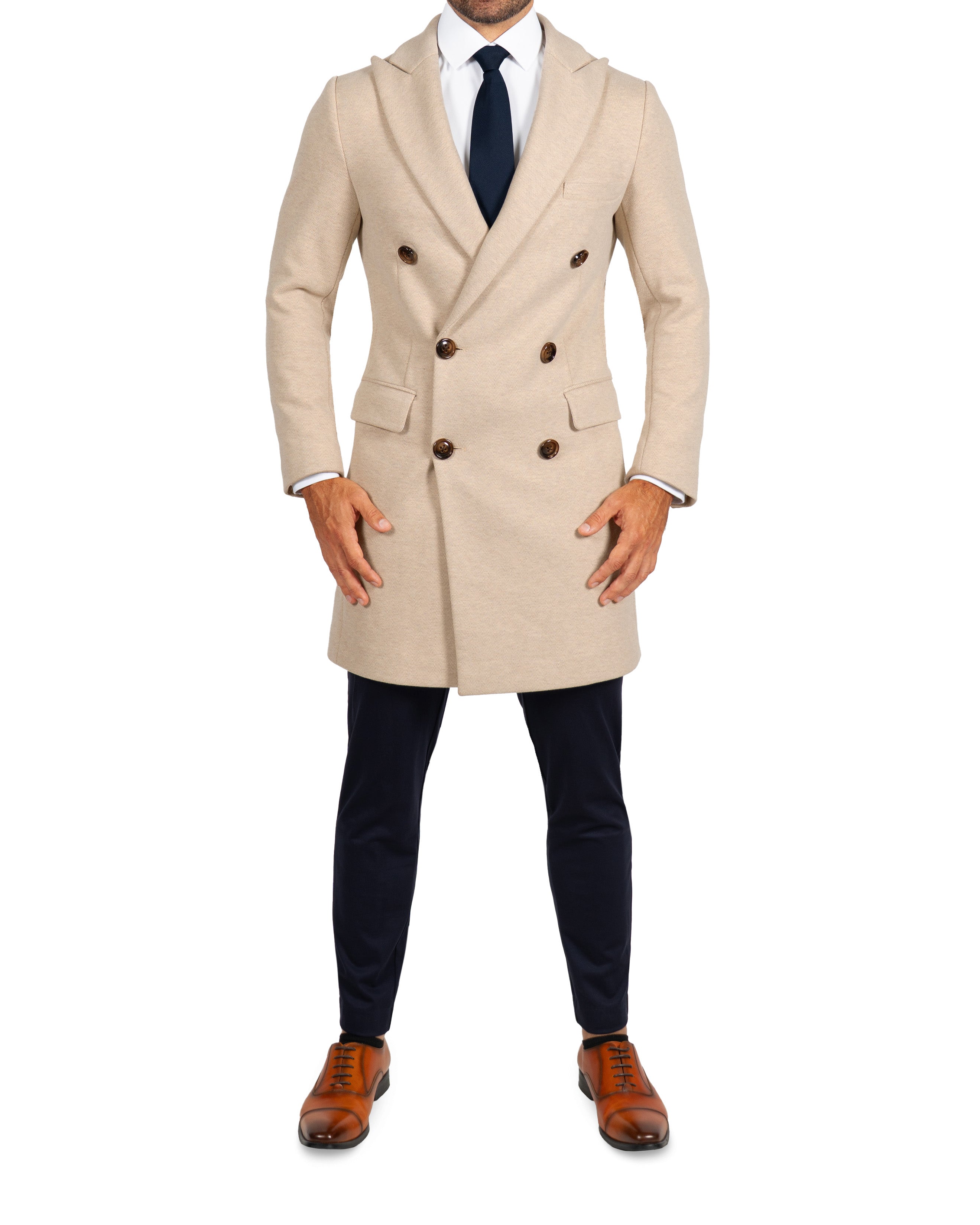 Double Breasted Overcoat - Tan Herringbone