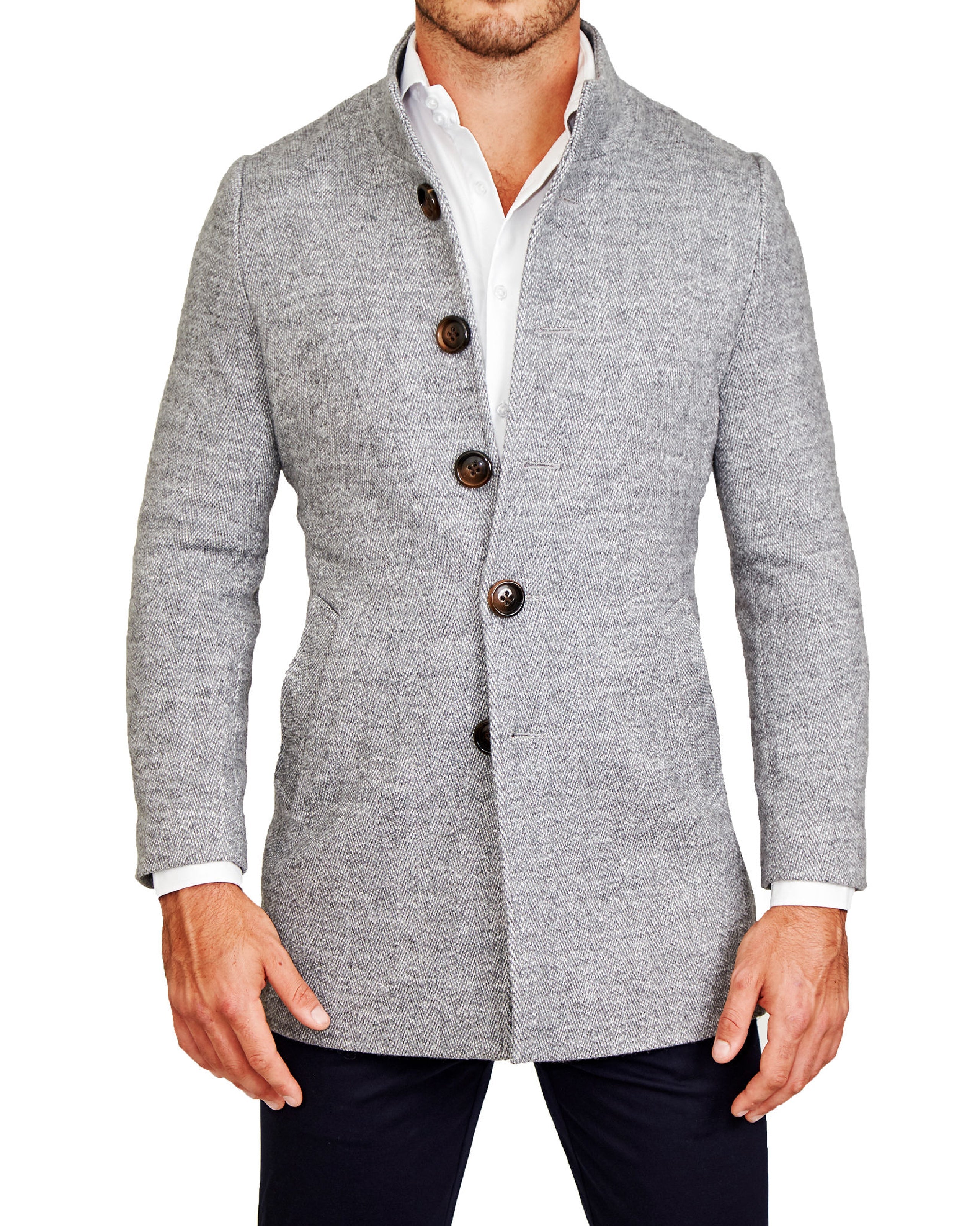 Open Button Overcoat - Grey Herringbone