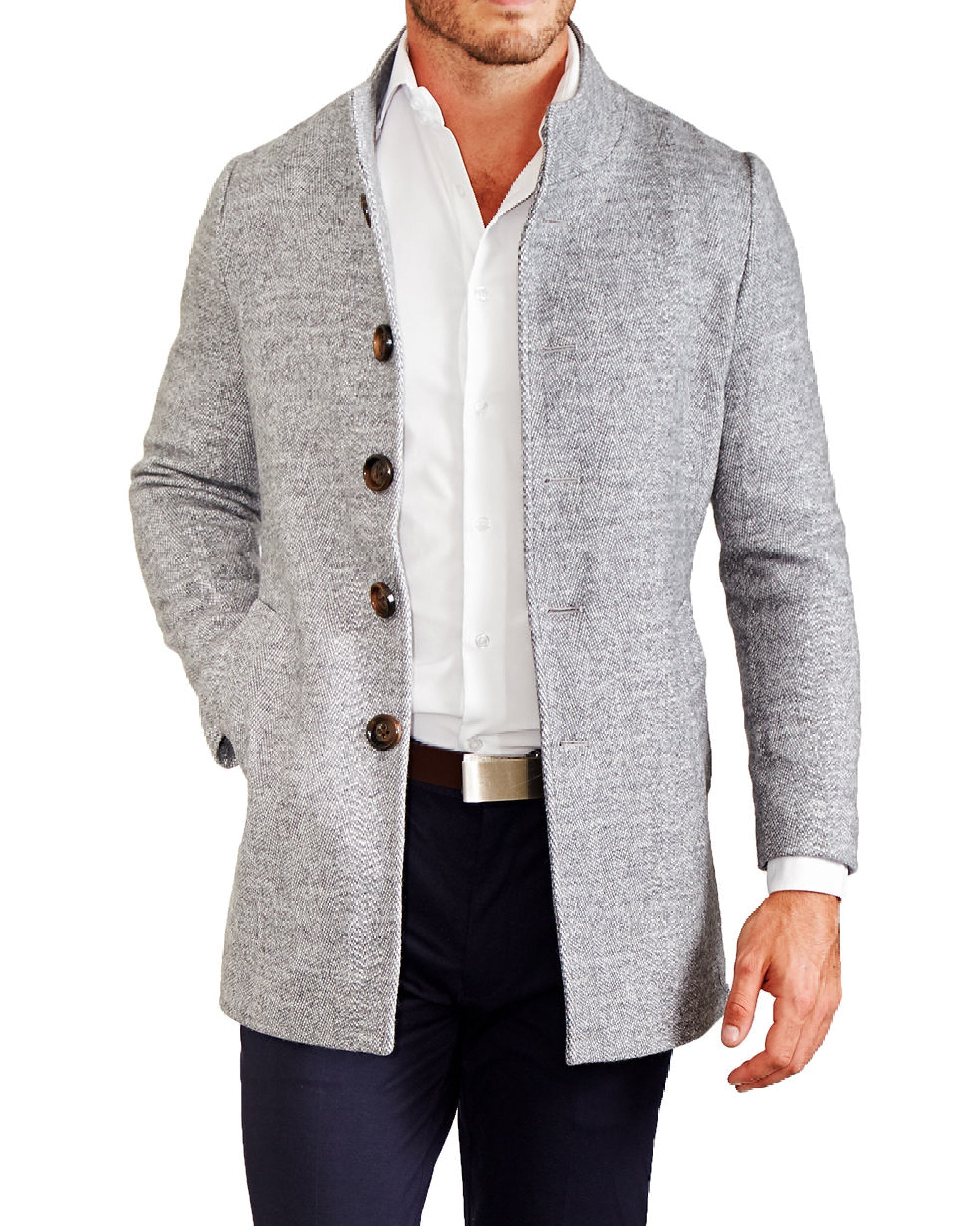 Open Button Overcoat - Grey Herringbone