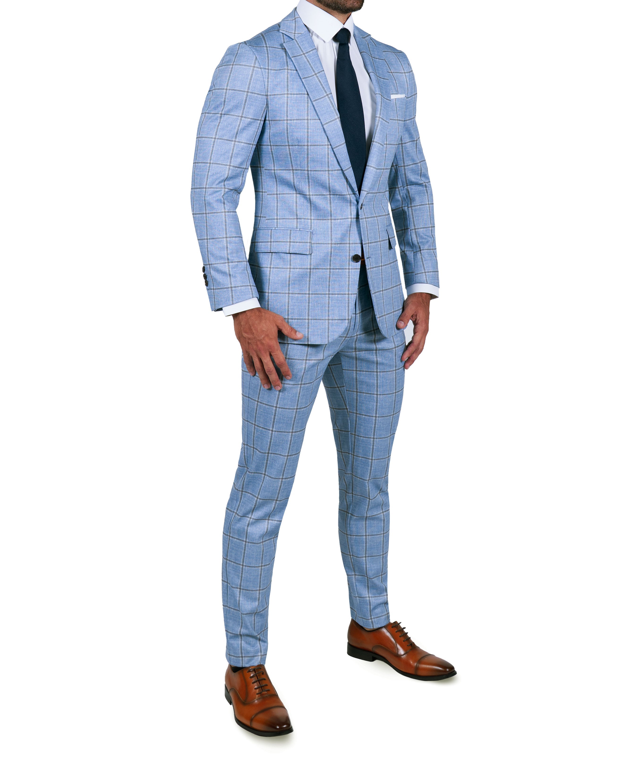 Athletic Fit Stretch Suit Pants - Light Blue and Brown Big Windowpane