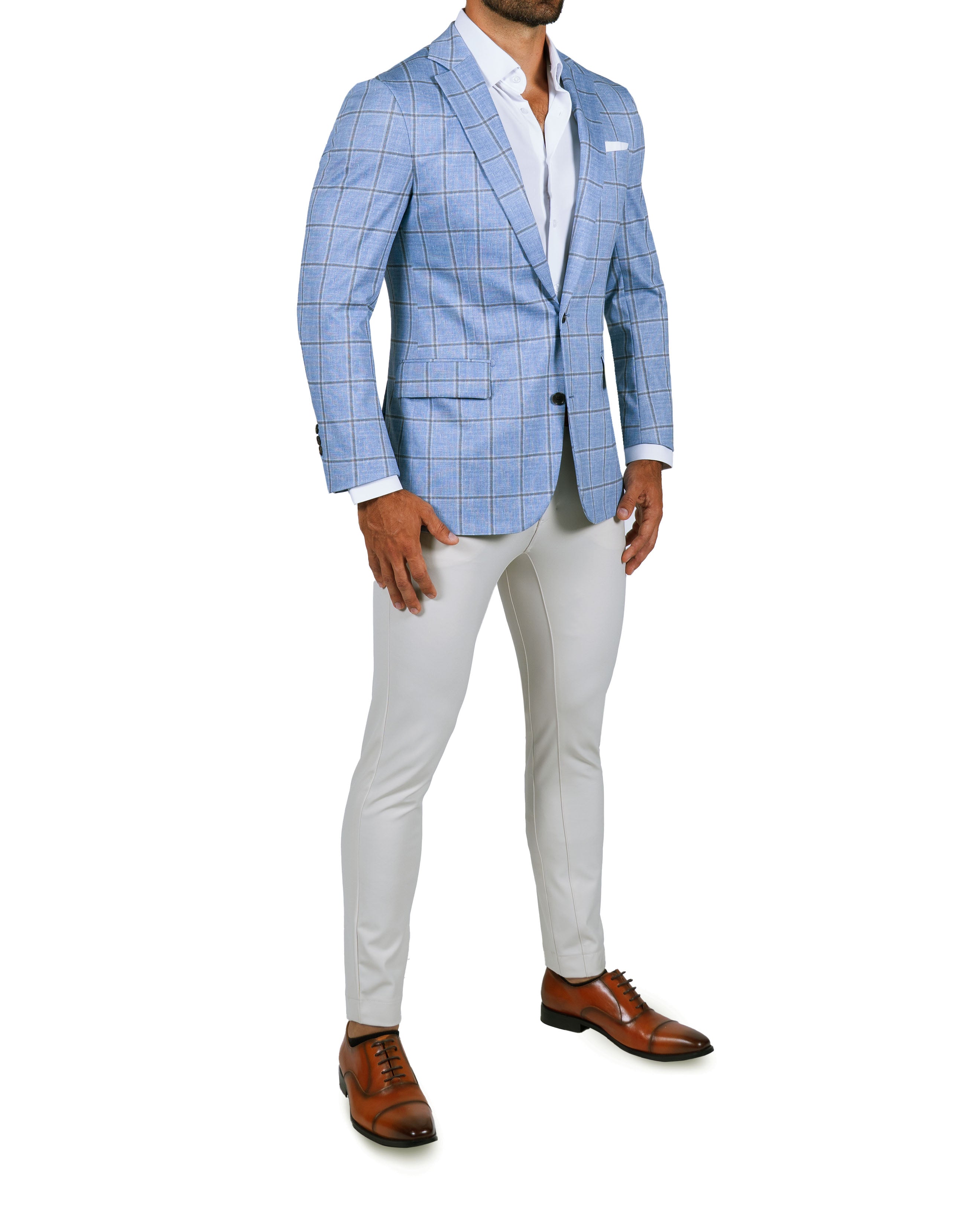 Athletic Fit Stretch Blazer - Light Blue and Brown Big Windowpane