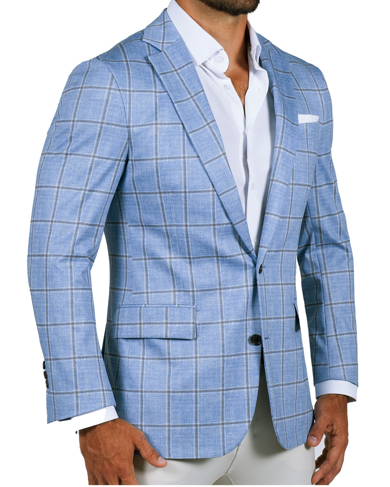 Athletic Fit Stretch Blazer - Light Blue and Brown Big Windowpane