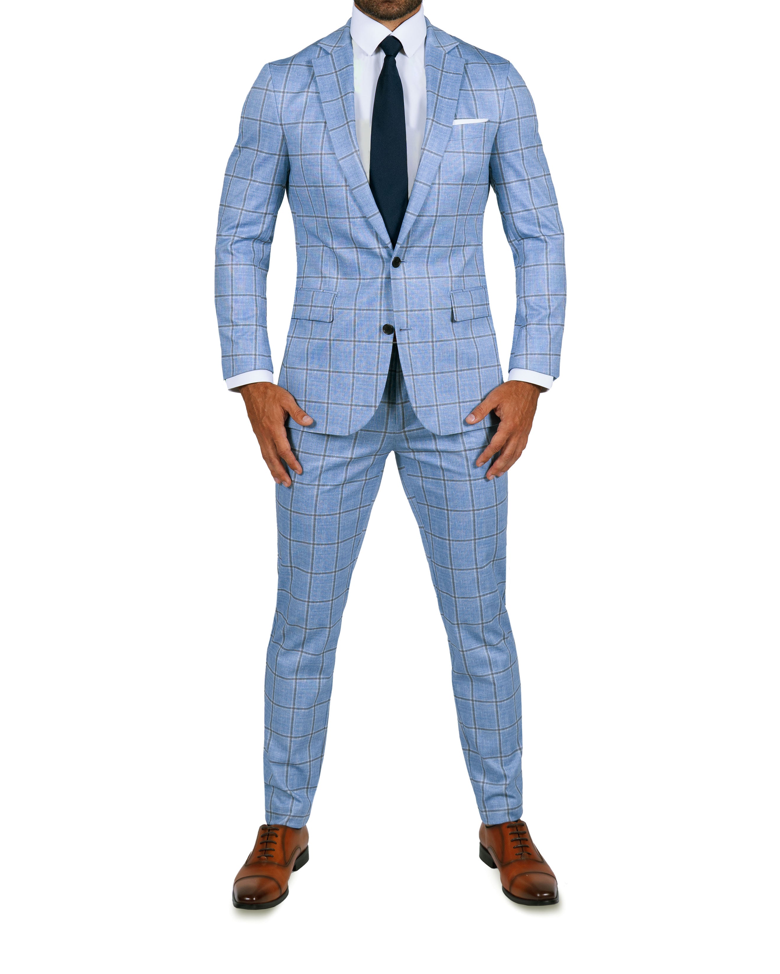Athletic Fit Stretch Blazer - Light Blue and Brown Big Windowpane