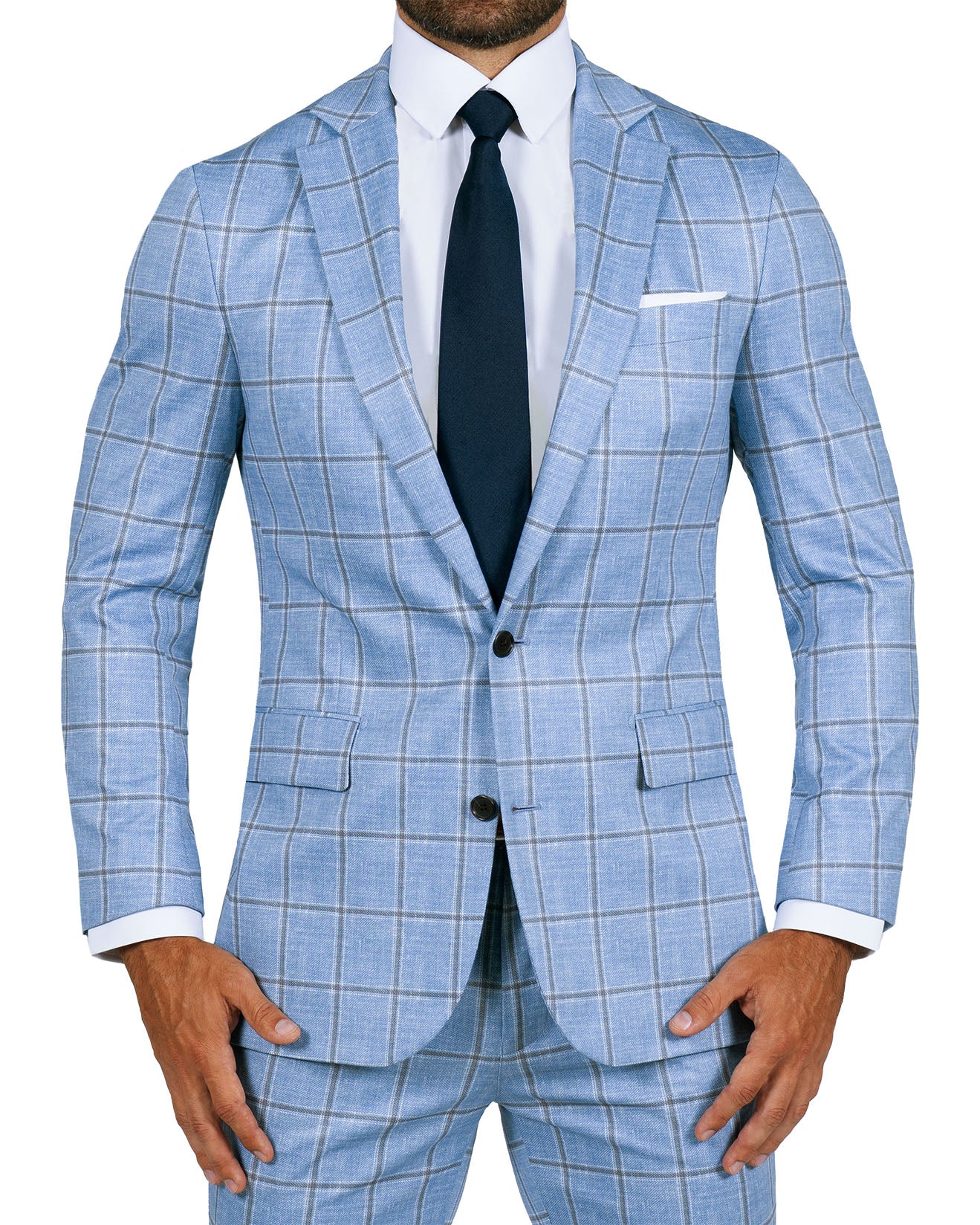 Athletic Fit Stretch Blazer - Light Blue and Brown Big Windowpane