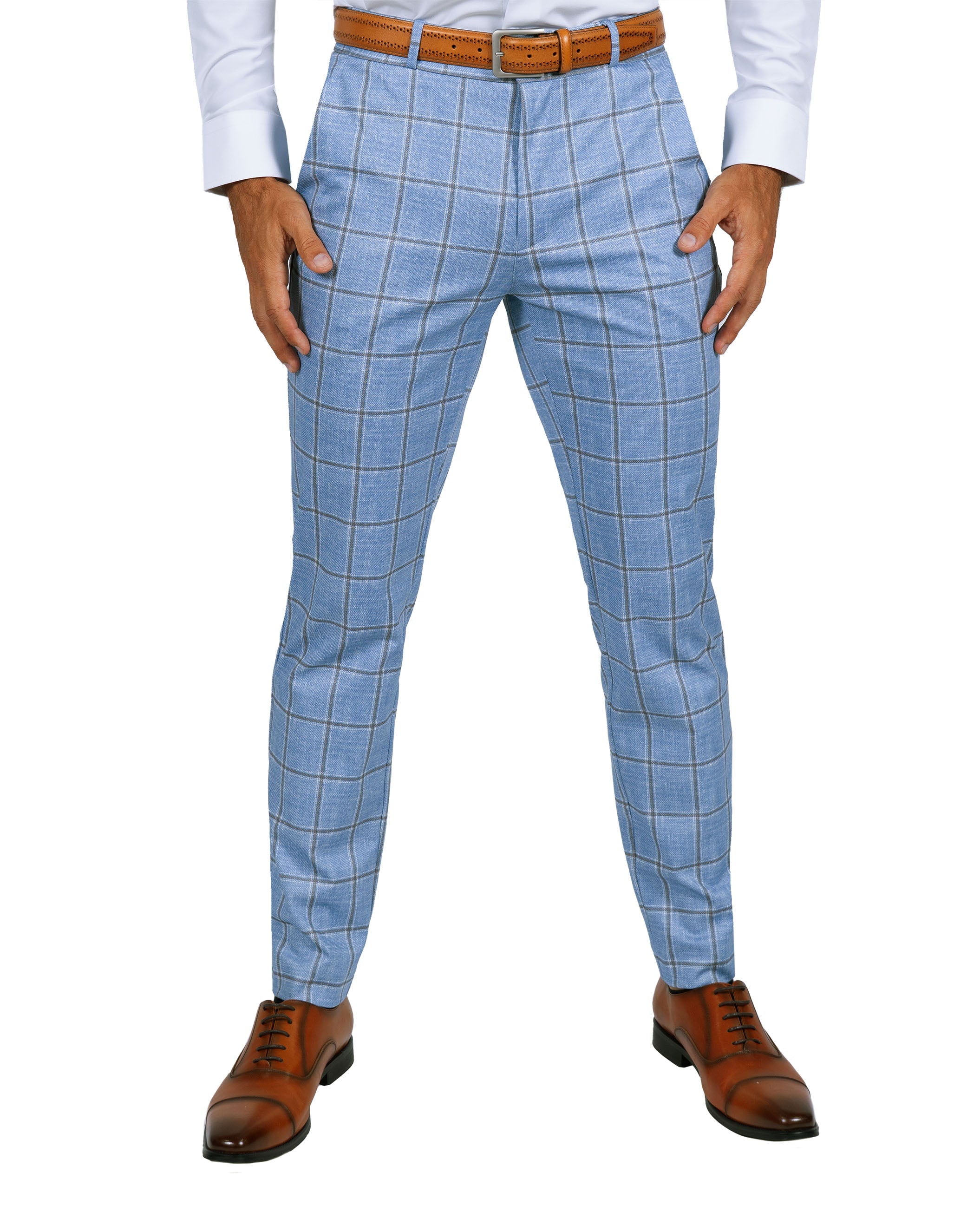 Athletic Fit Stretch Suit Pants - Light Blue and Brown Big Windowpane