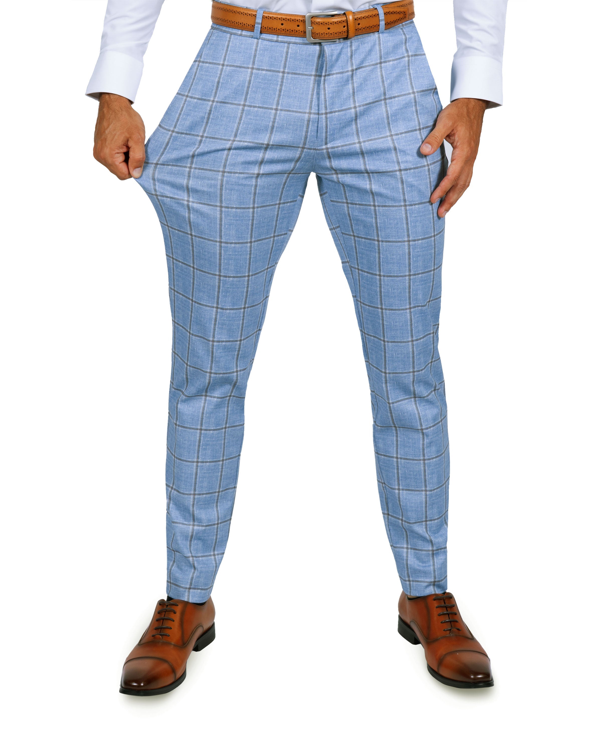 Athletic Fit Stretch Suit Pants - Light Blue and Brown Big Windowpane