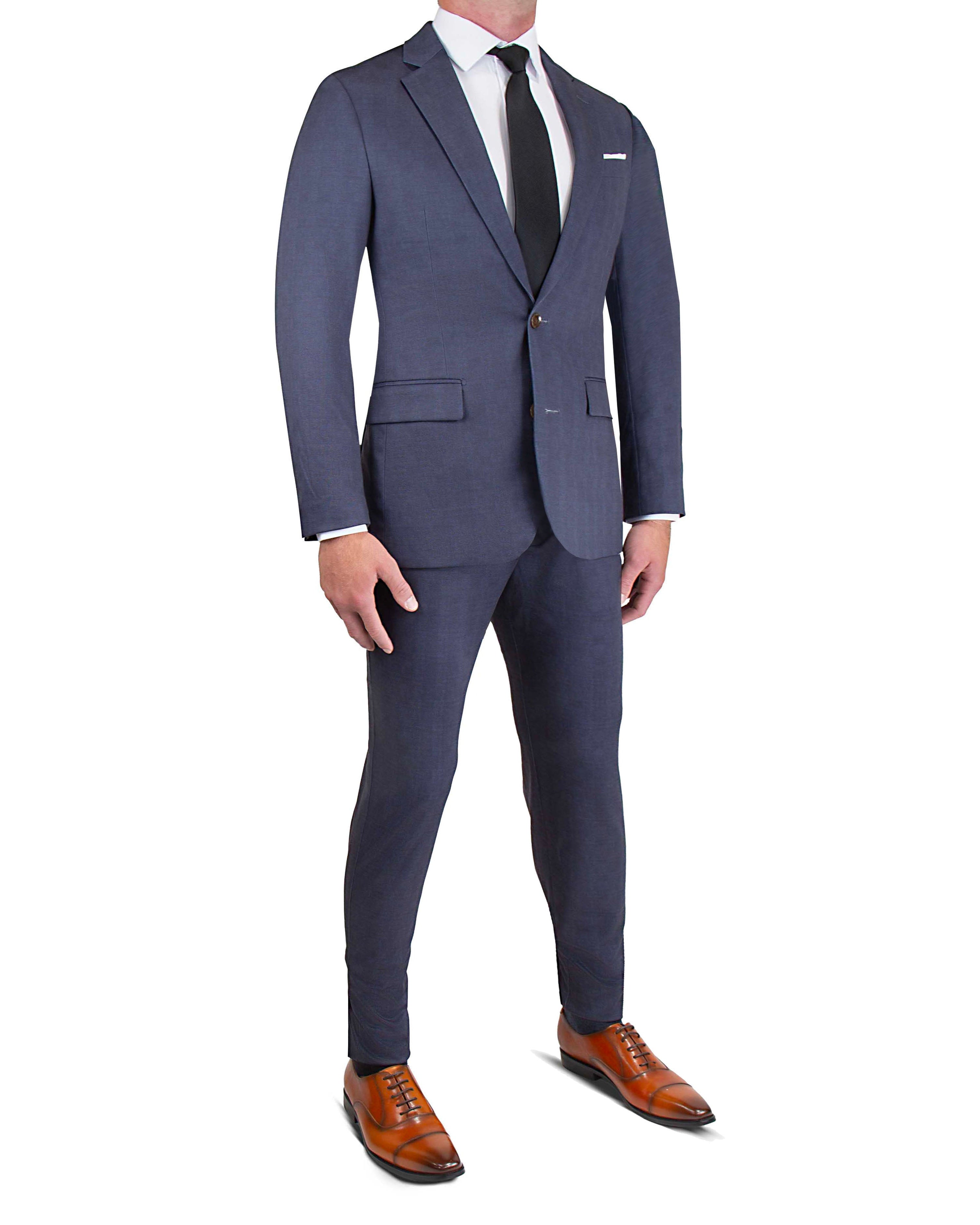 Blue suit with brown shoes on a white background