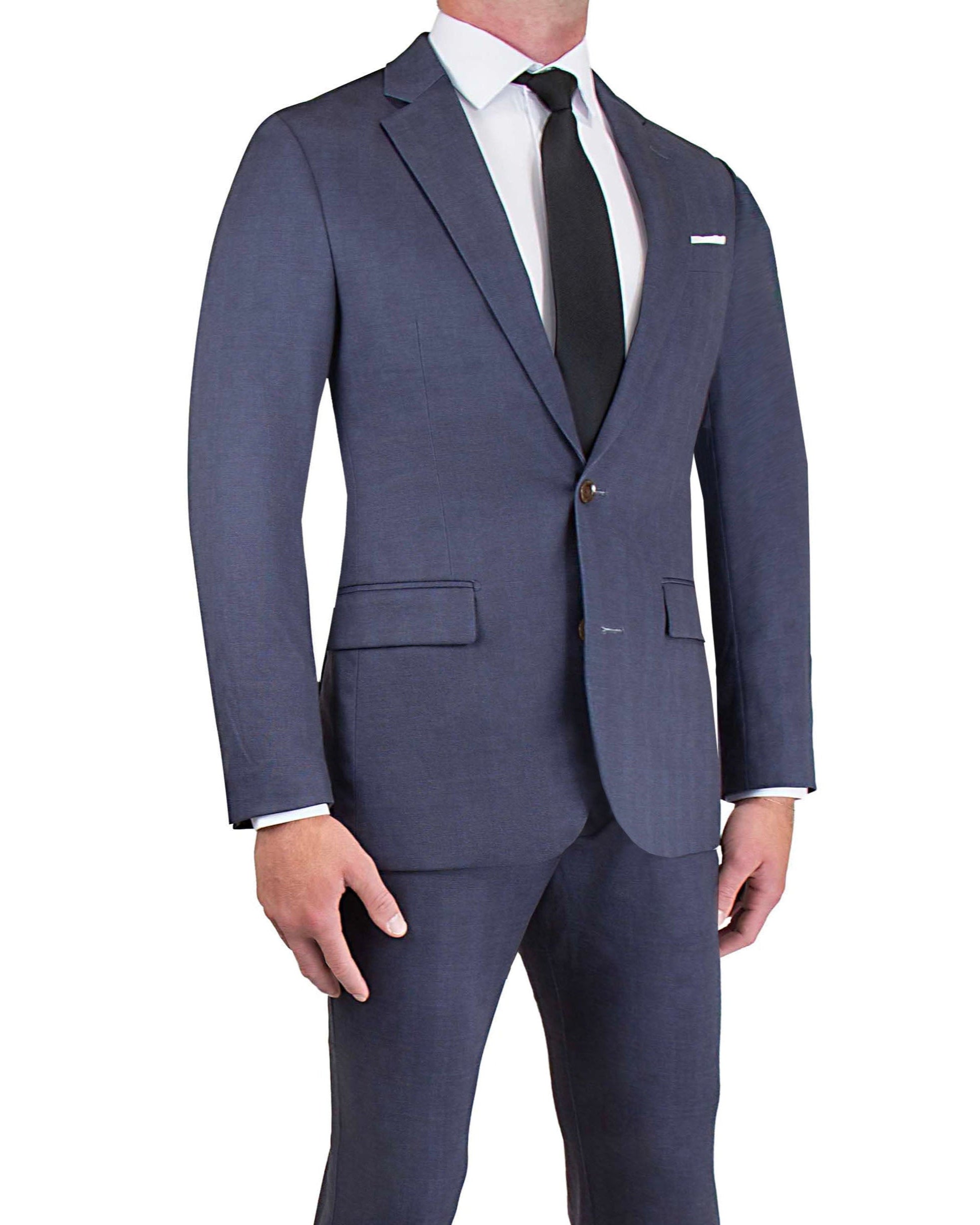 Blue suit with brown shoes on a white background