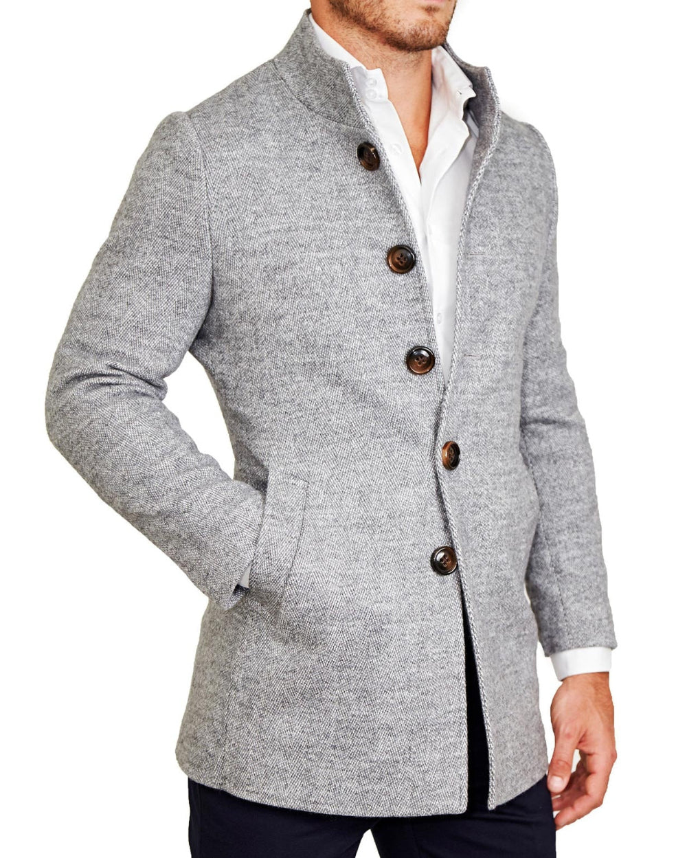 Open Button Overcoat - Grey Herringbone