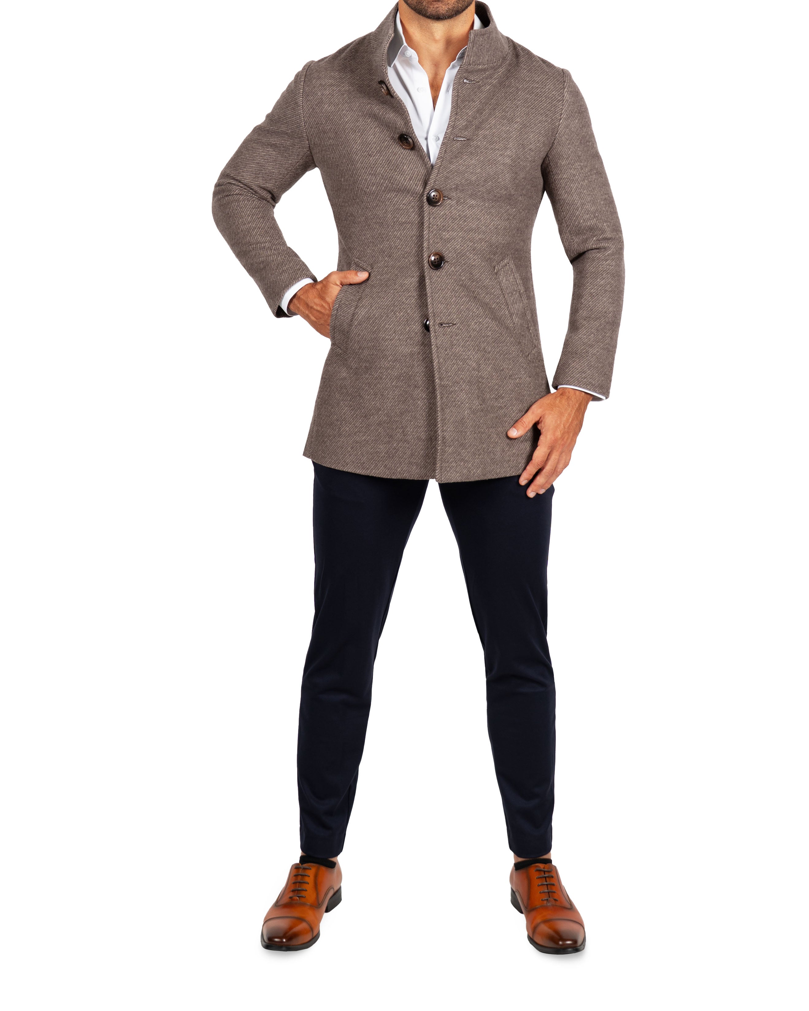 Open Button Overcoat - Brushed Brown & Taupe