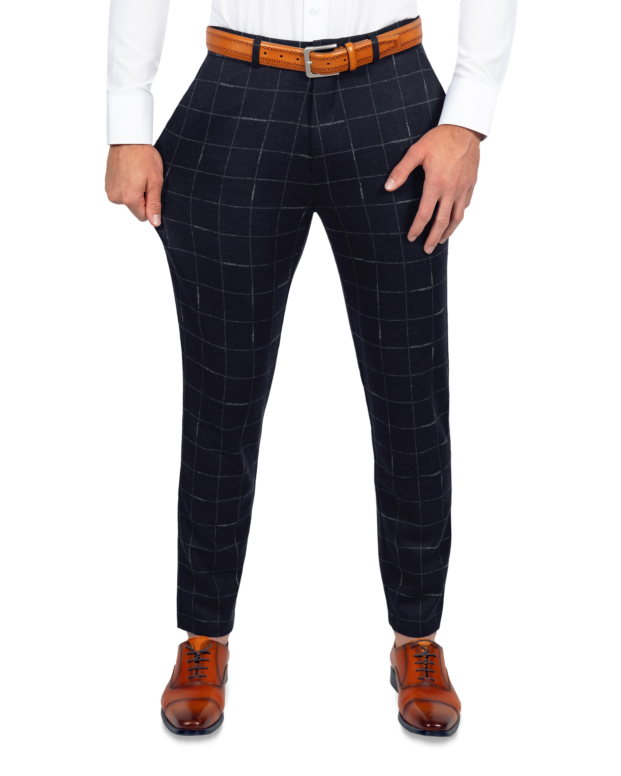 Athletic Fit Stretch Wool Suit Pants - Midnight Navy & Chalk Windowpane