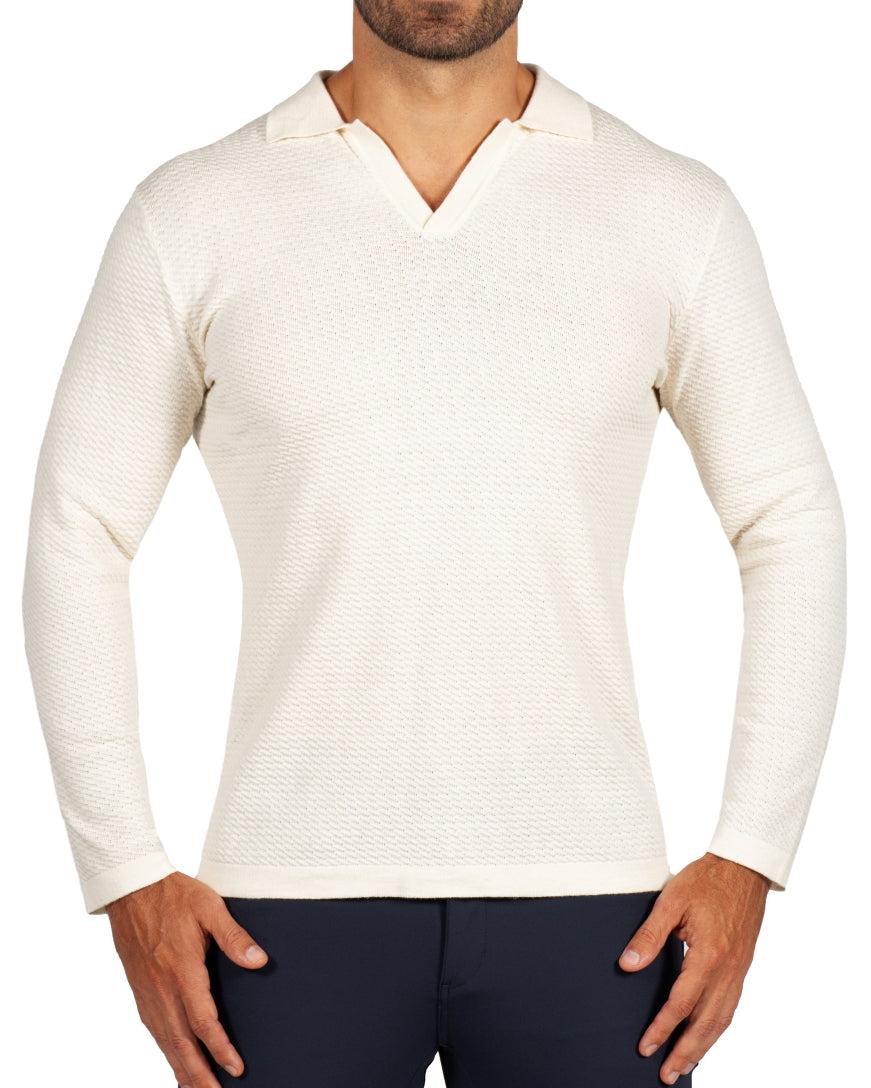 Textured Buttonless Long Sleeve Polo - Tan