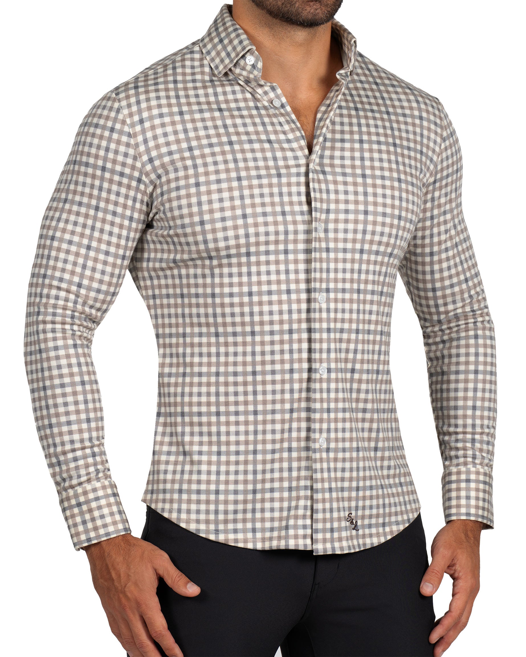"The Palmer" Brown, Grey, and White Gingham Casual Button Down