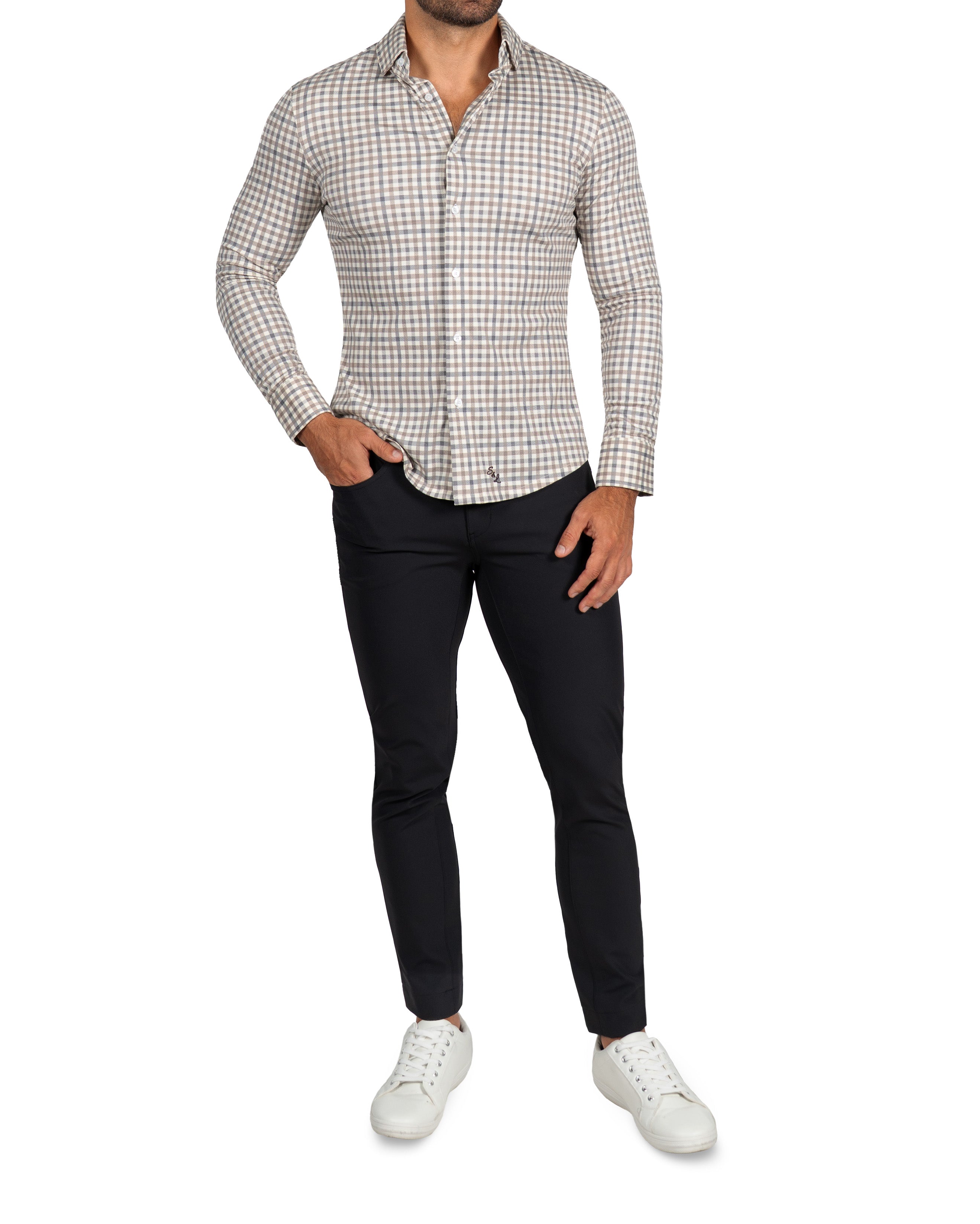 "The Palmer" Brown, Grey, and White Gingham Casual Button Down