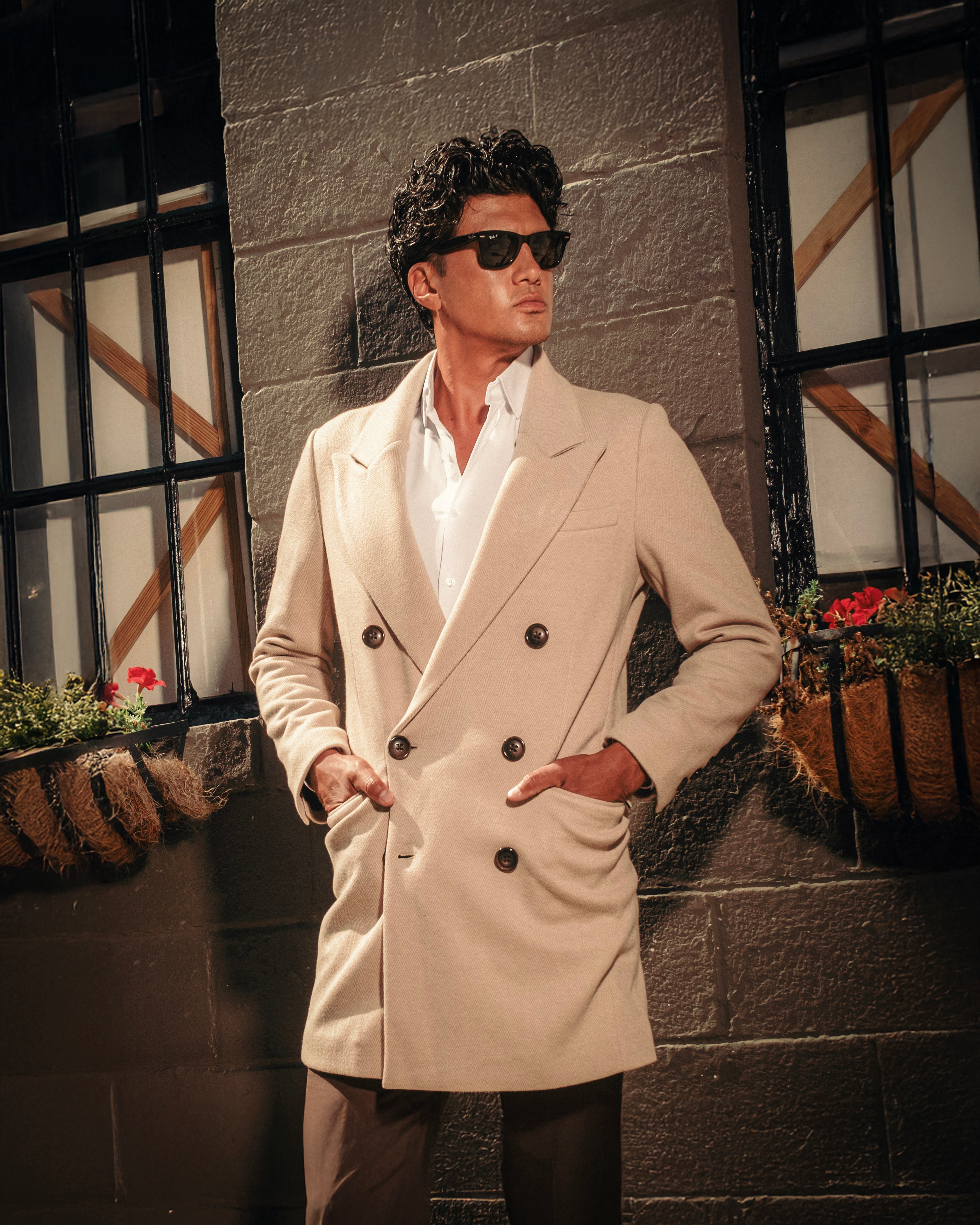 Double Breasted Overcoat - Tan Herringbone