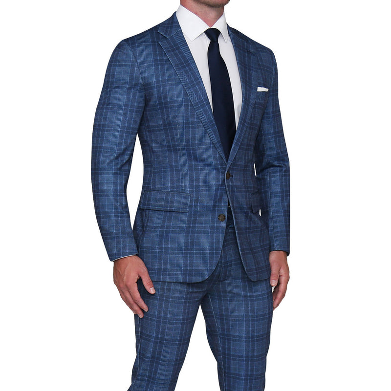 Athletic Fit Stretch Suit - Navy and Light Electric Blue Plaid