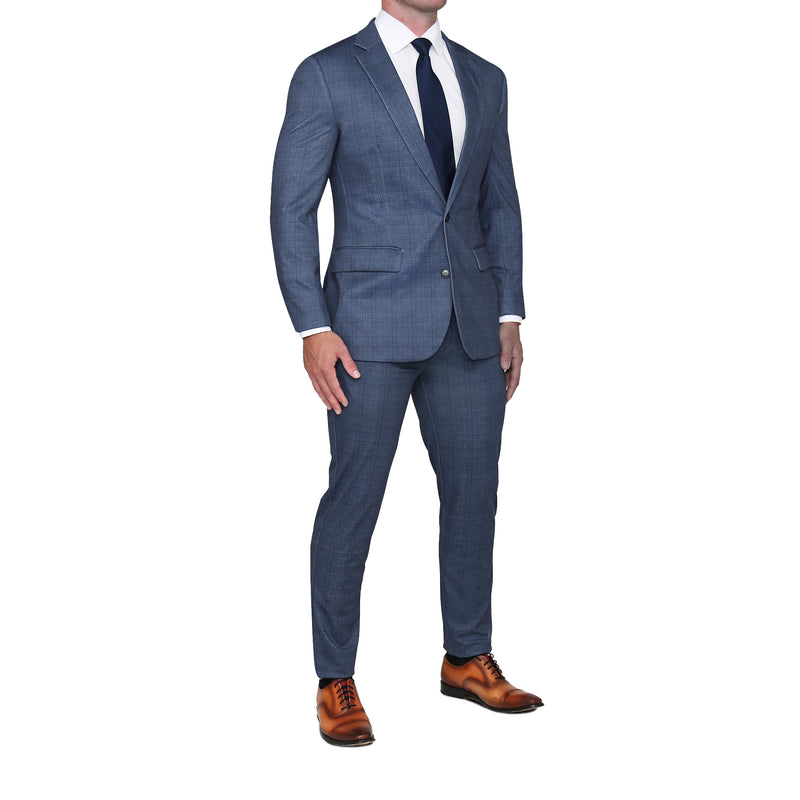 Athletic Fit Stretch Suit - Steel Blue and Black Micro Windowpane