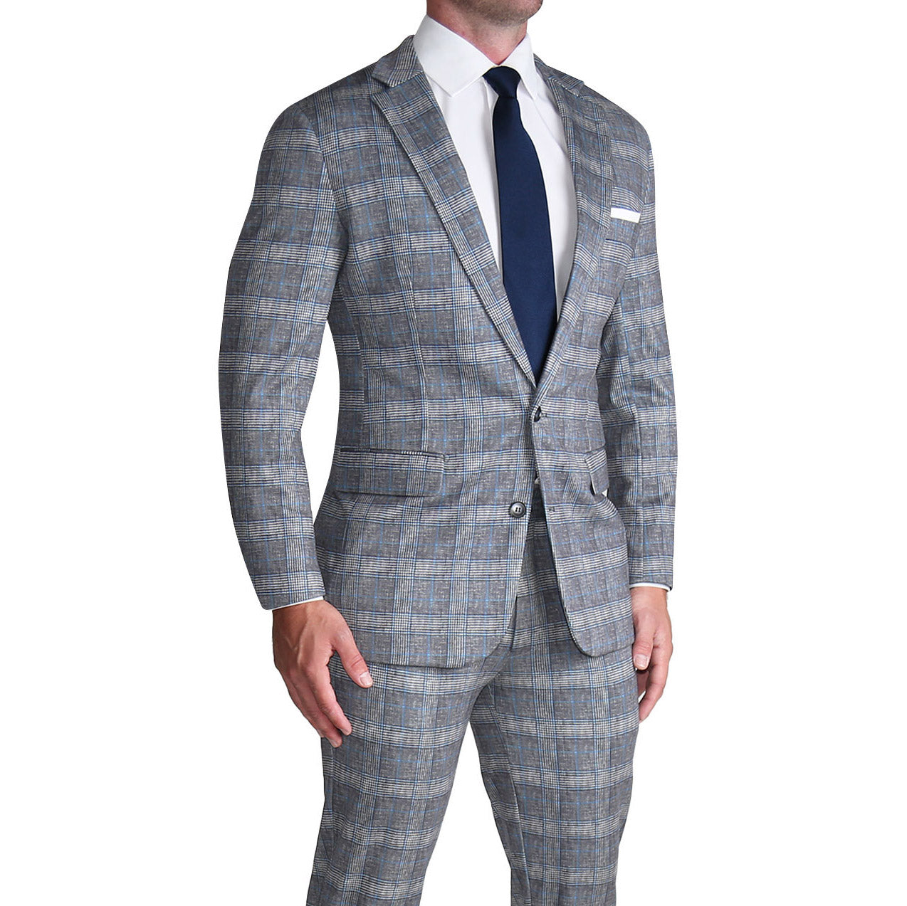 Athletic Fit Stretch Suit - Grey with Blue Plaid