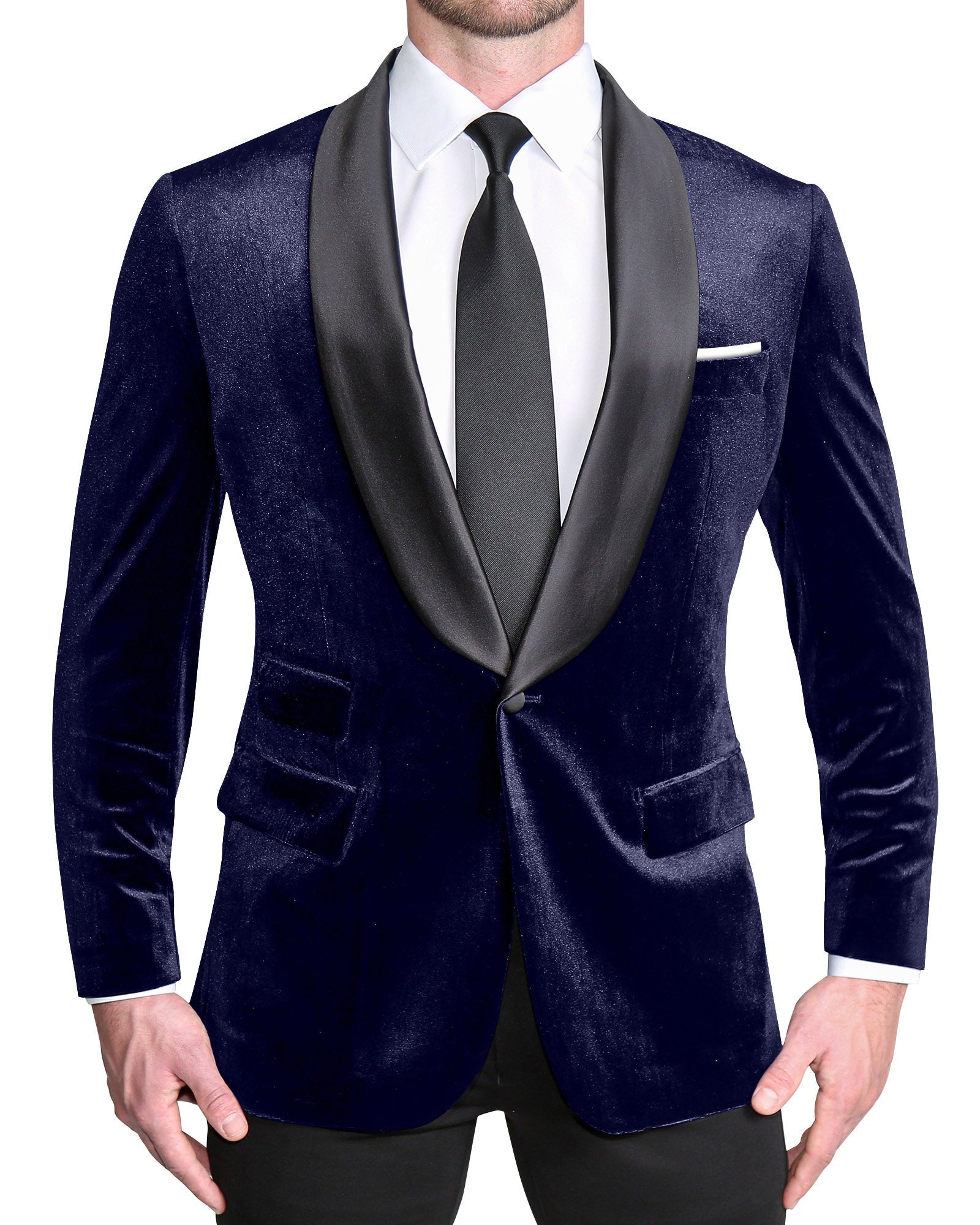 Navy velvet tuxedo with black lapels on a white background