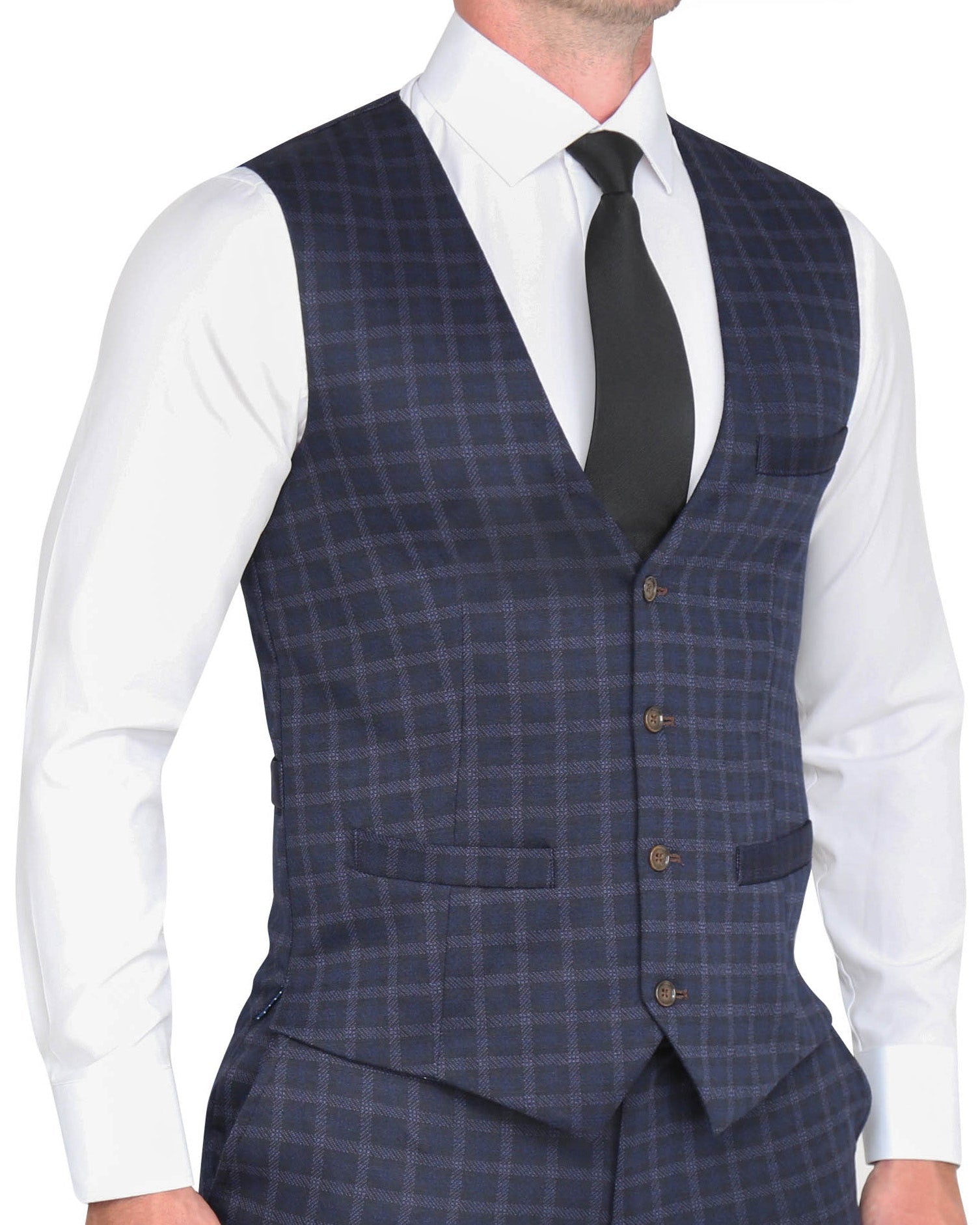 Athletic Fit Stretch Suit Vest - Blue Plaid