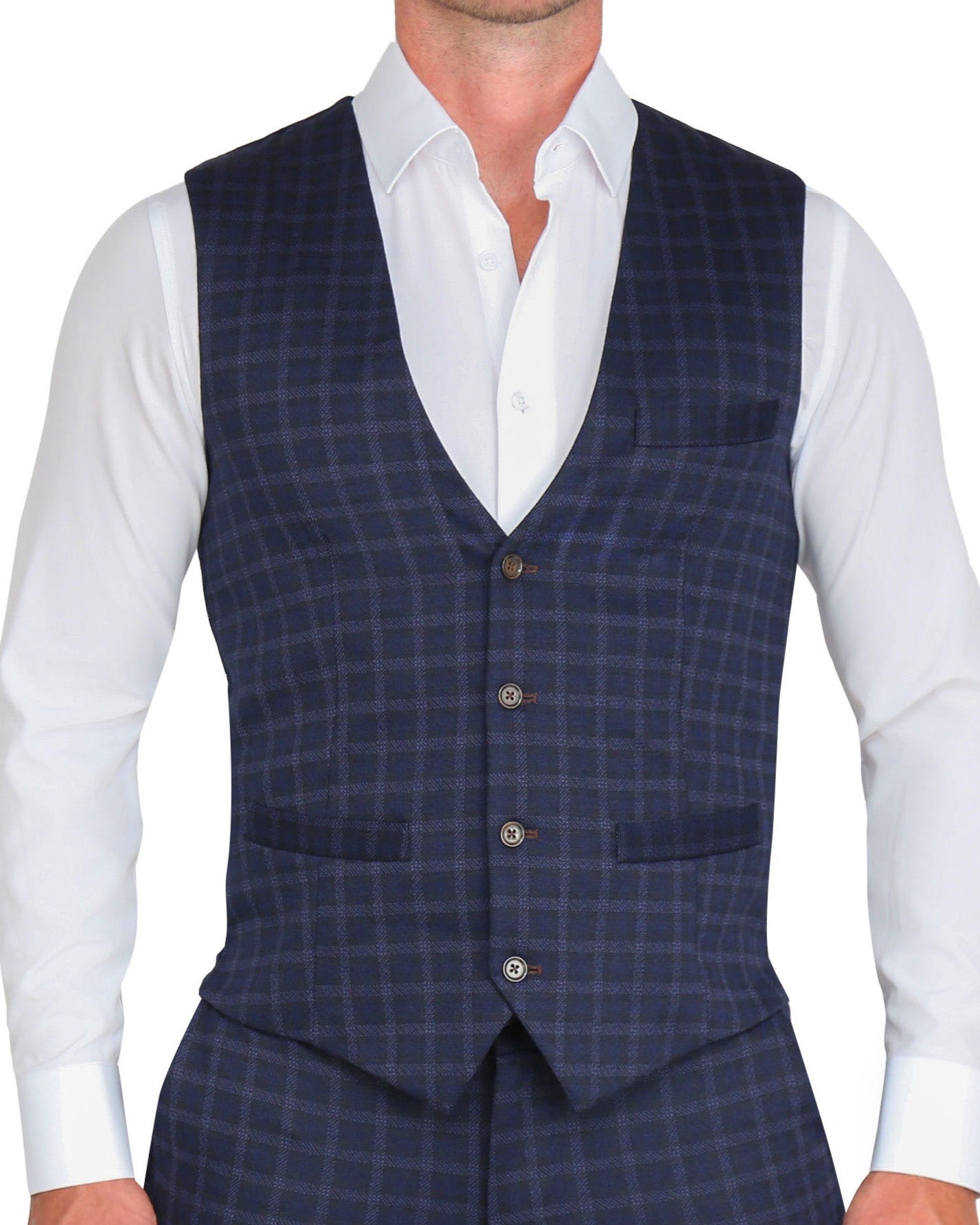 Athletic Fit Stretch Suit Vest - Blue Plaid