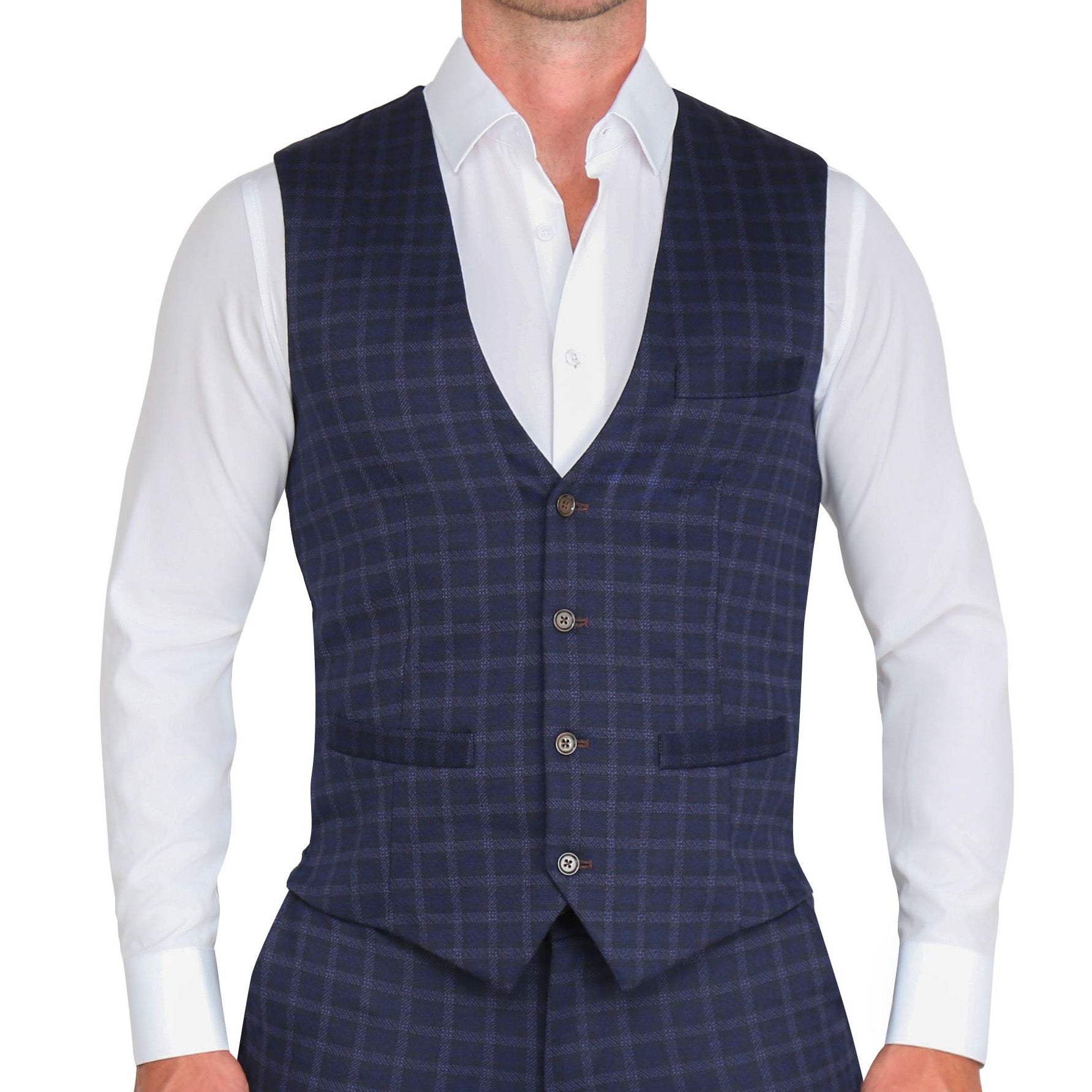 Athletic Fit Stretch Suit Vest - Blue Plaid